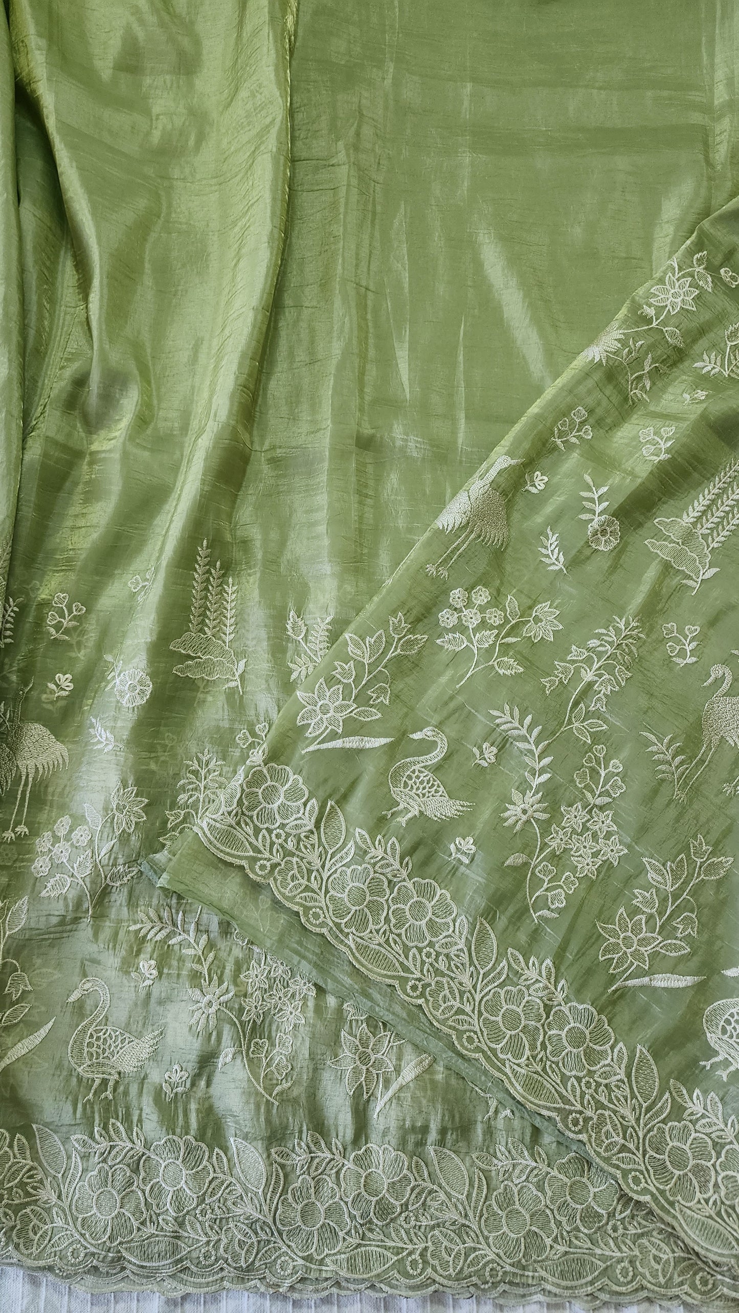 Crushed organza saree with embroidery and scalloped borders | Pastel green| CR1