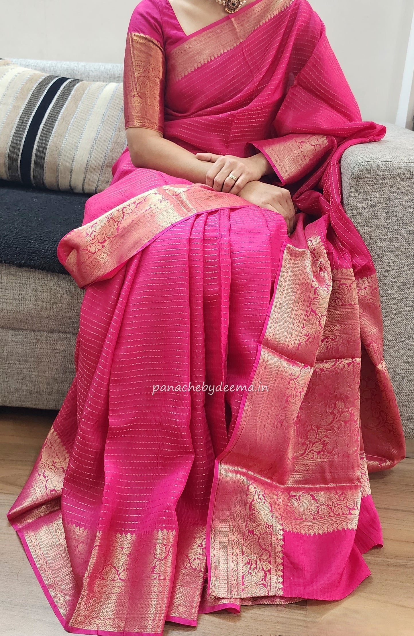 Semi banarasi munga silk saree with kantha pattern zari weaving | Rani pink with dark blue | BS2