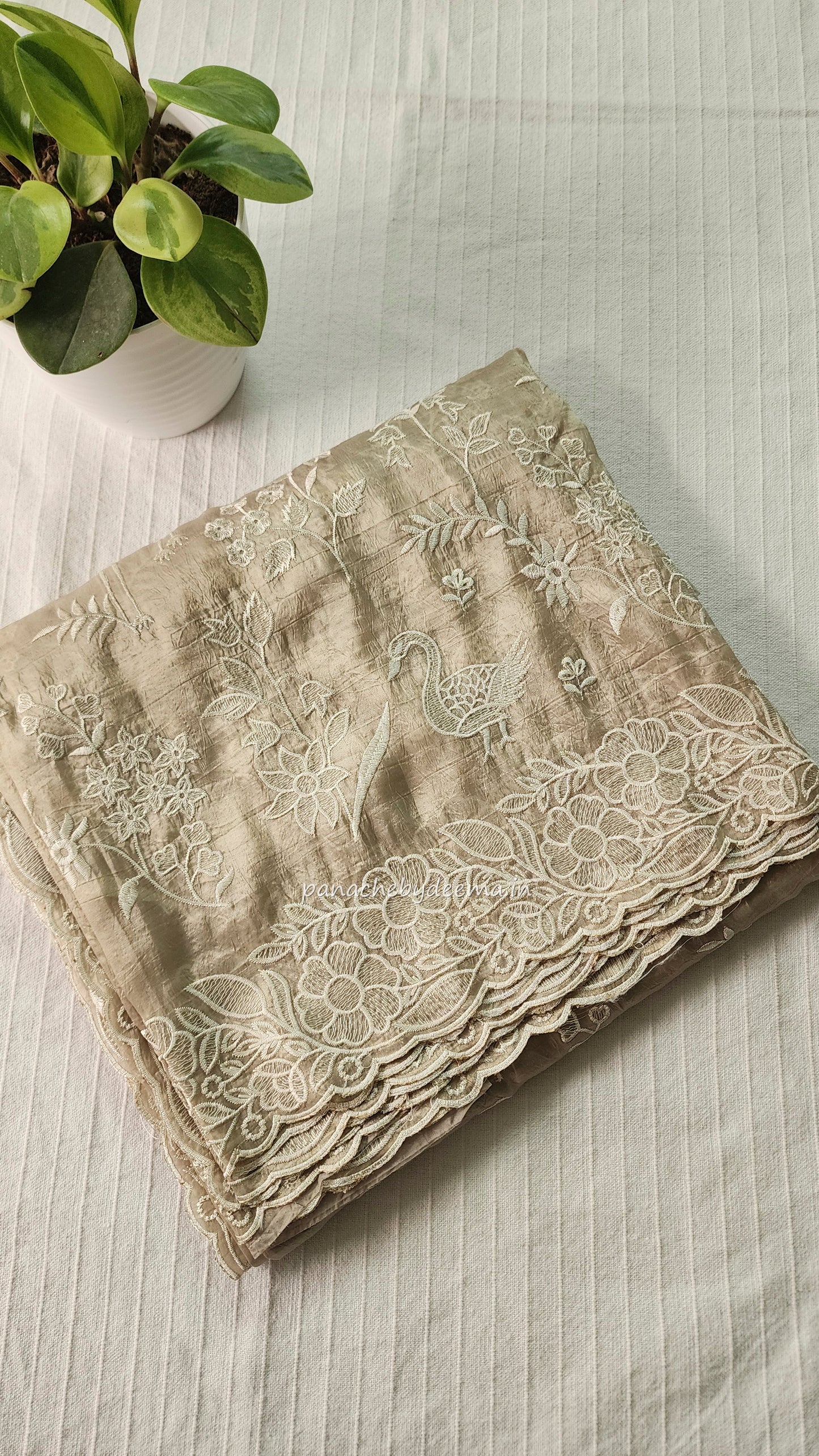 Crushed organza saree with embroidery and scalloped borders | light beige | CR2