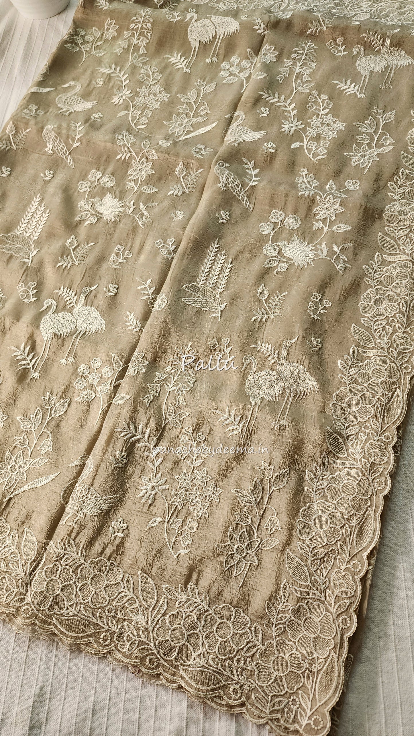 Crushed organza saree with embroidery and scalloped borders | light beige | CR2