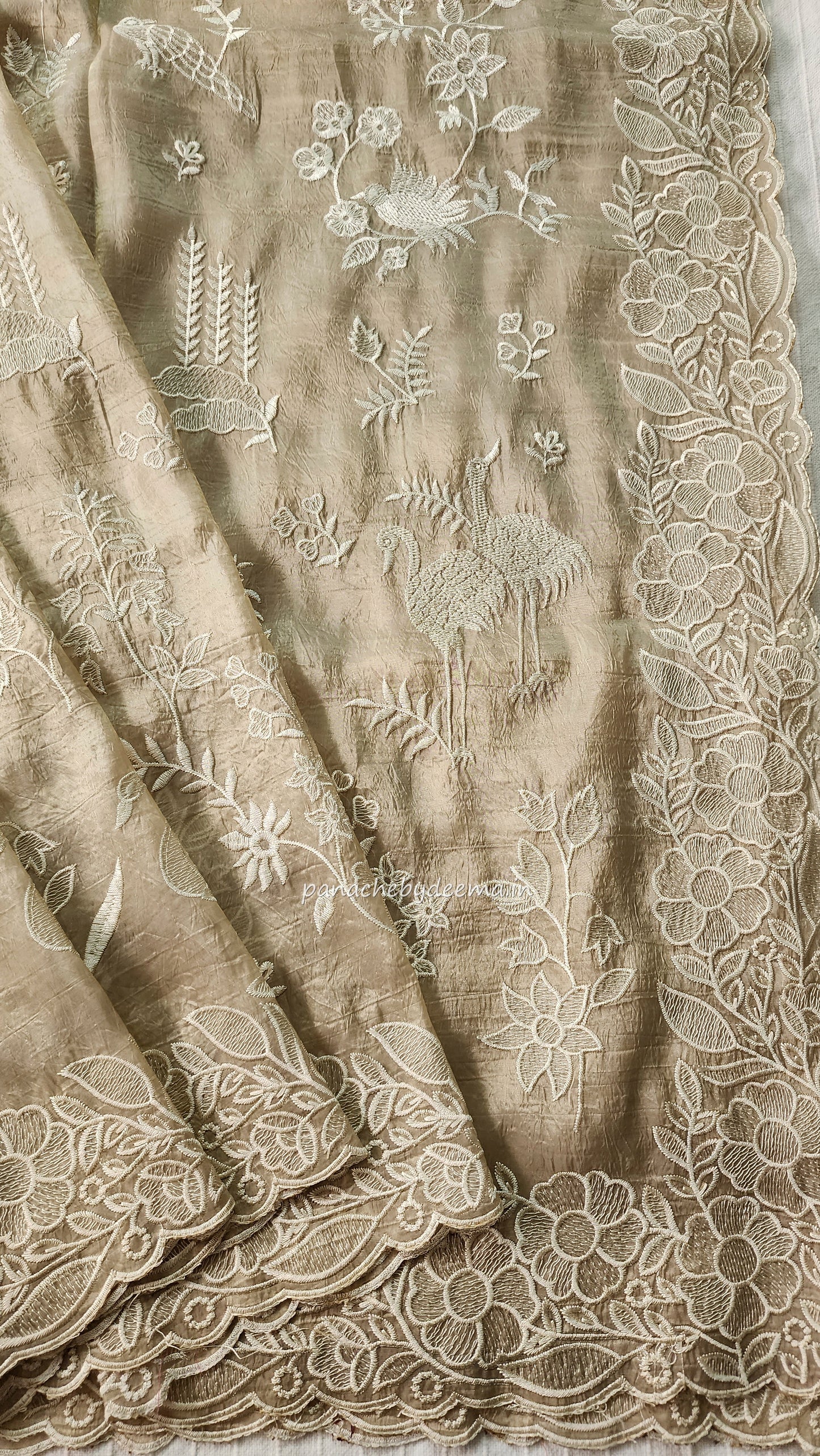 Crushed organza saree with embroidery and scalloped borders | light beige | CR2
