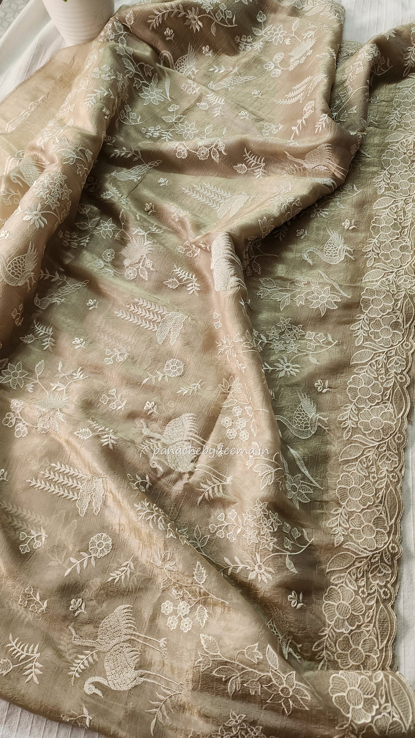 Crushed organza saree with embroidery and scalloped borders | light beige | CR2