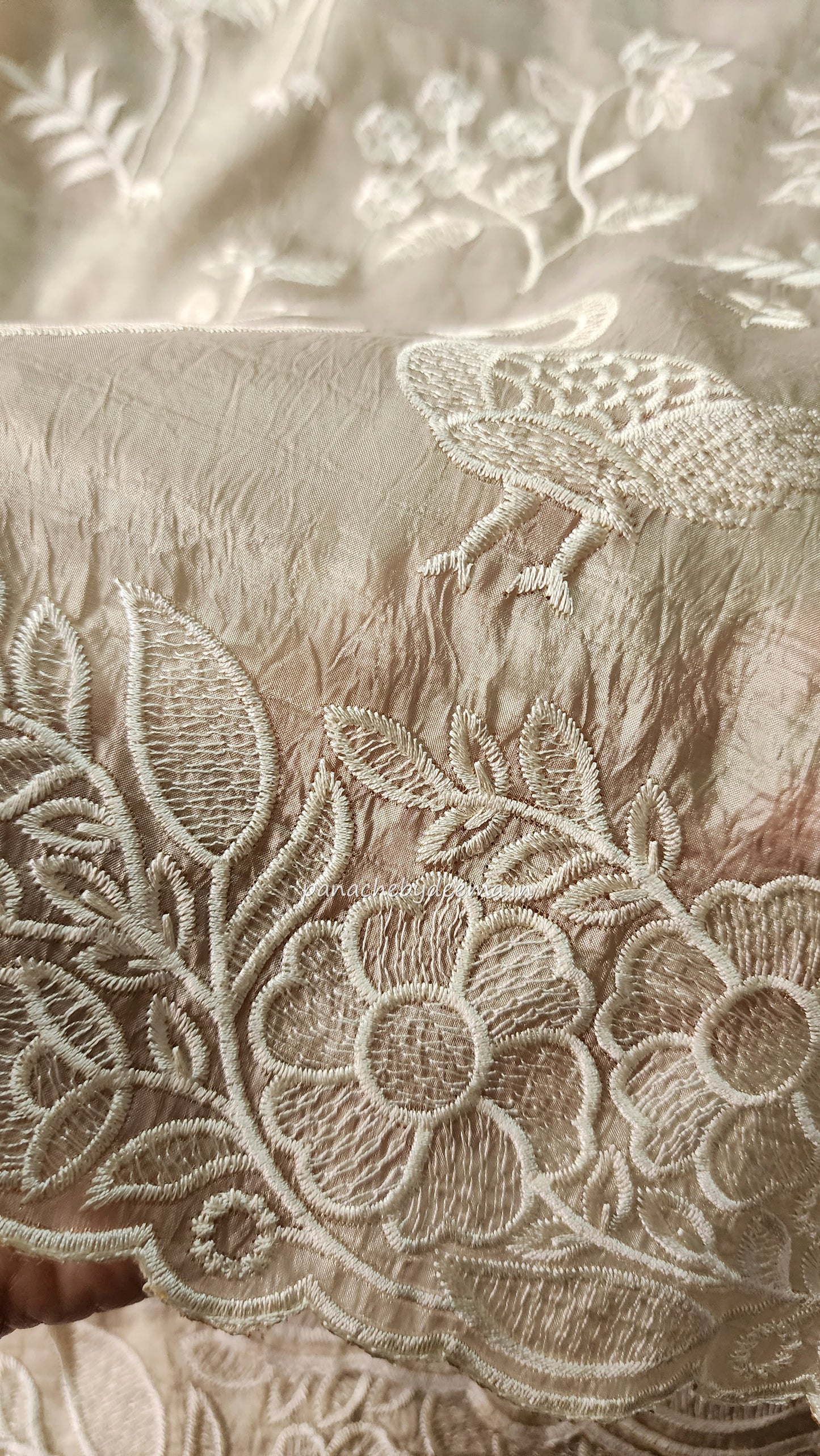 Crushed organza saree with embroidery and scalloped borders | light beige | CR2