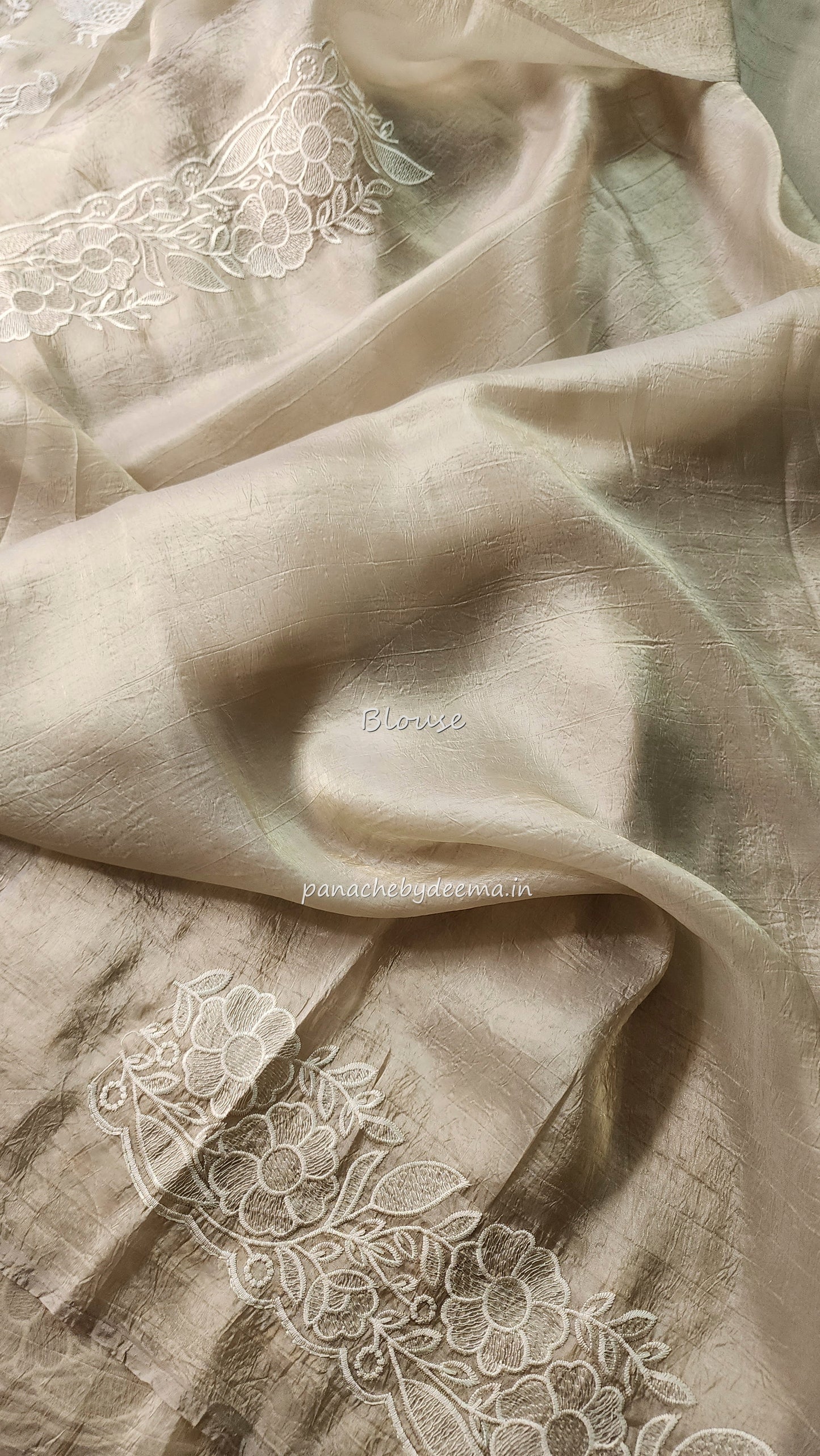 Crushed organza saree with embroidery and scalloped borders | light beige | CR2
