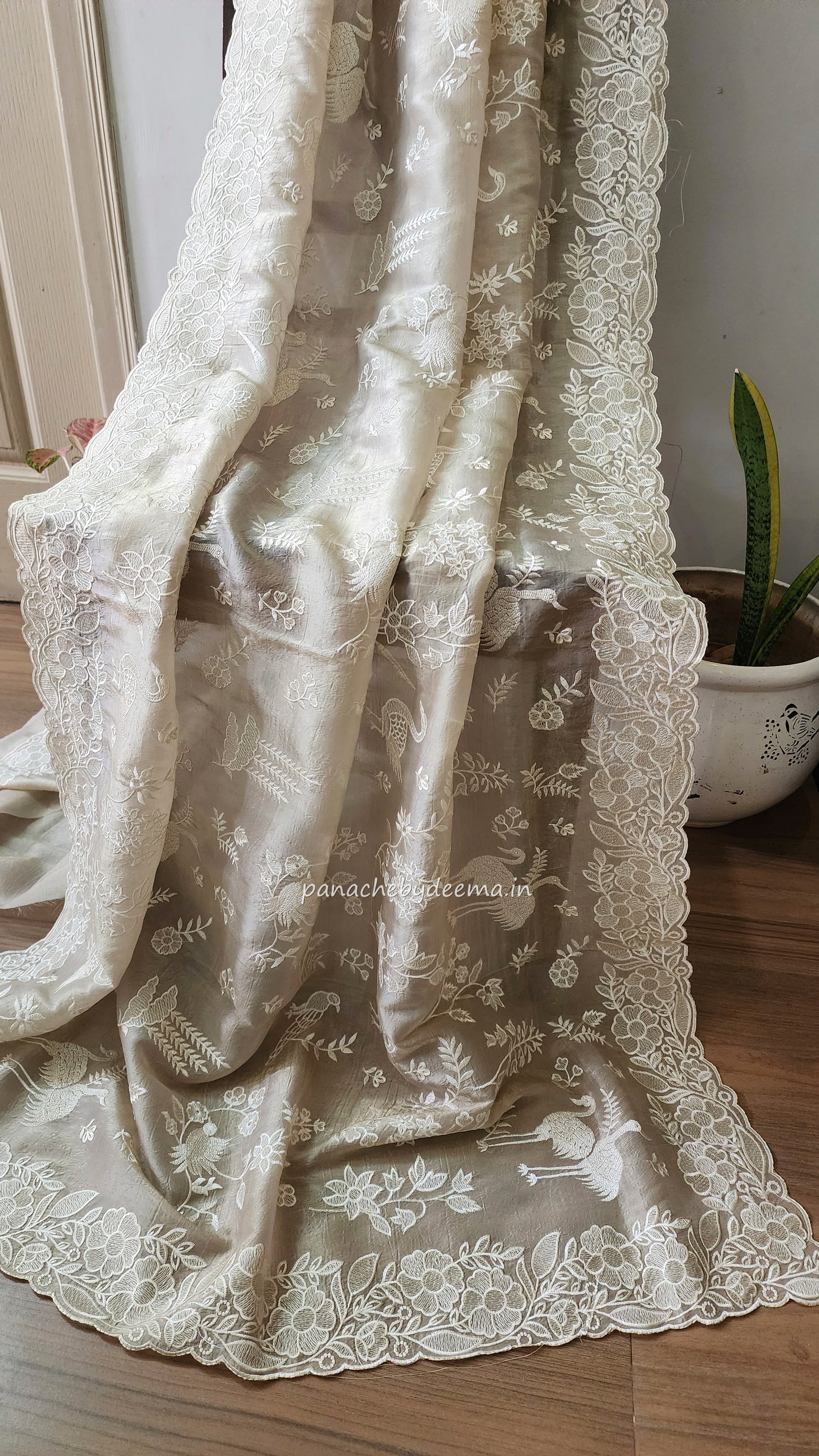 Crushed organza saree with embroidery and scalloped borders | light beige | CR2