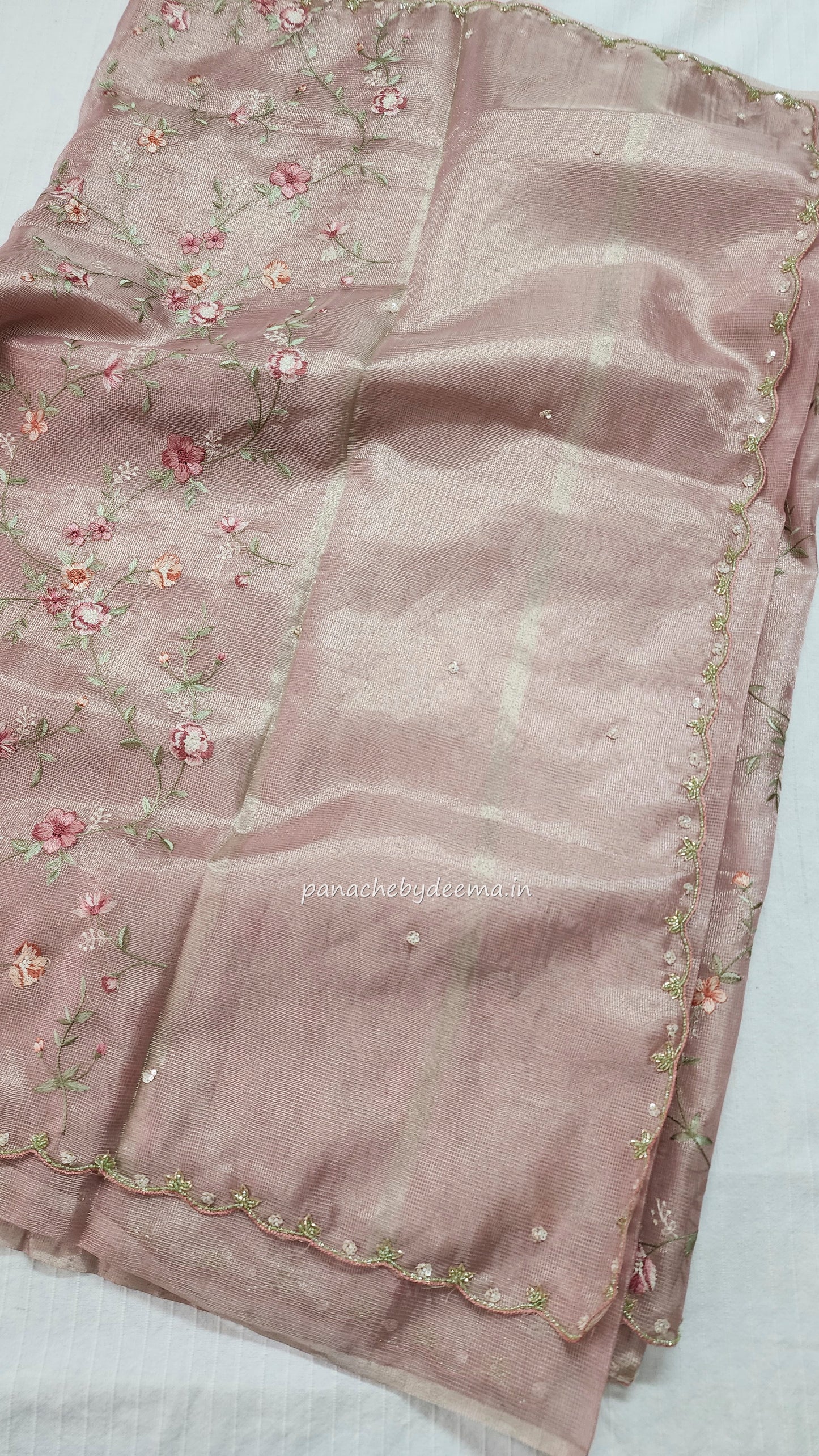 Kota tissue saree with embroidery and handworked scalloped edges |Light Pink |Tis6