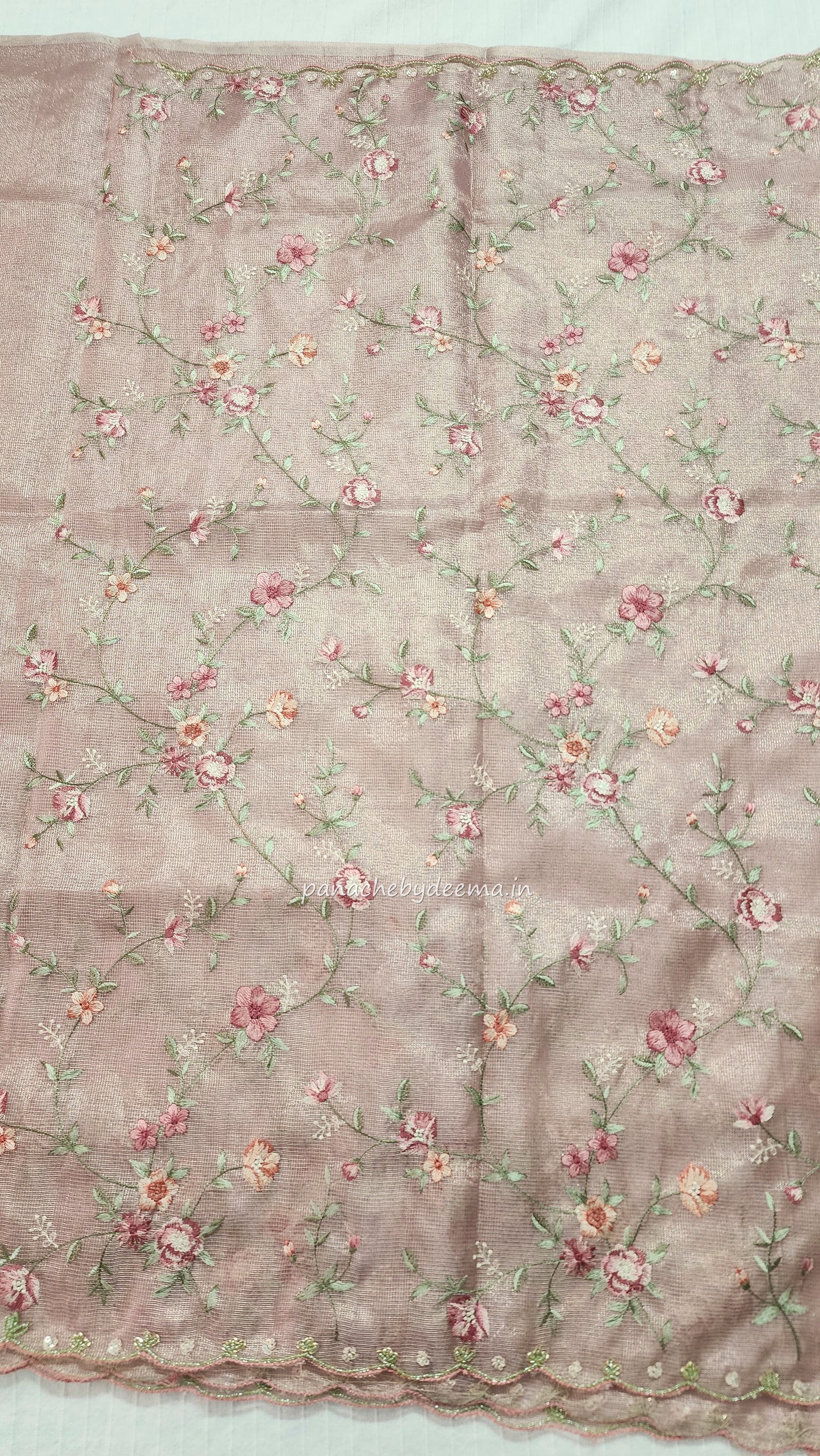 Kota tissue saree with embroidery and handworked scalloped edges |Light Pink |Tis6