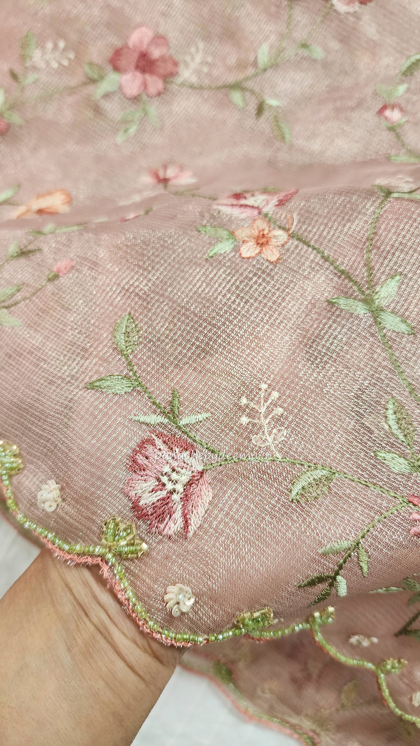Kota tissue saree with embroidery and handworked scalloped edges |Light Pink |Tis6