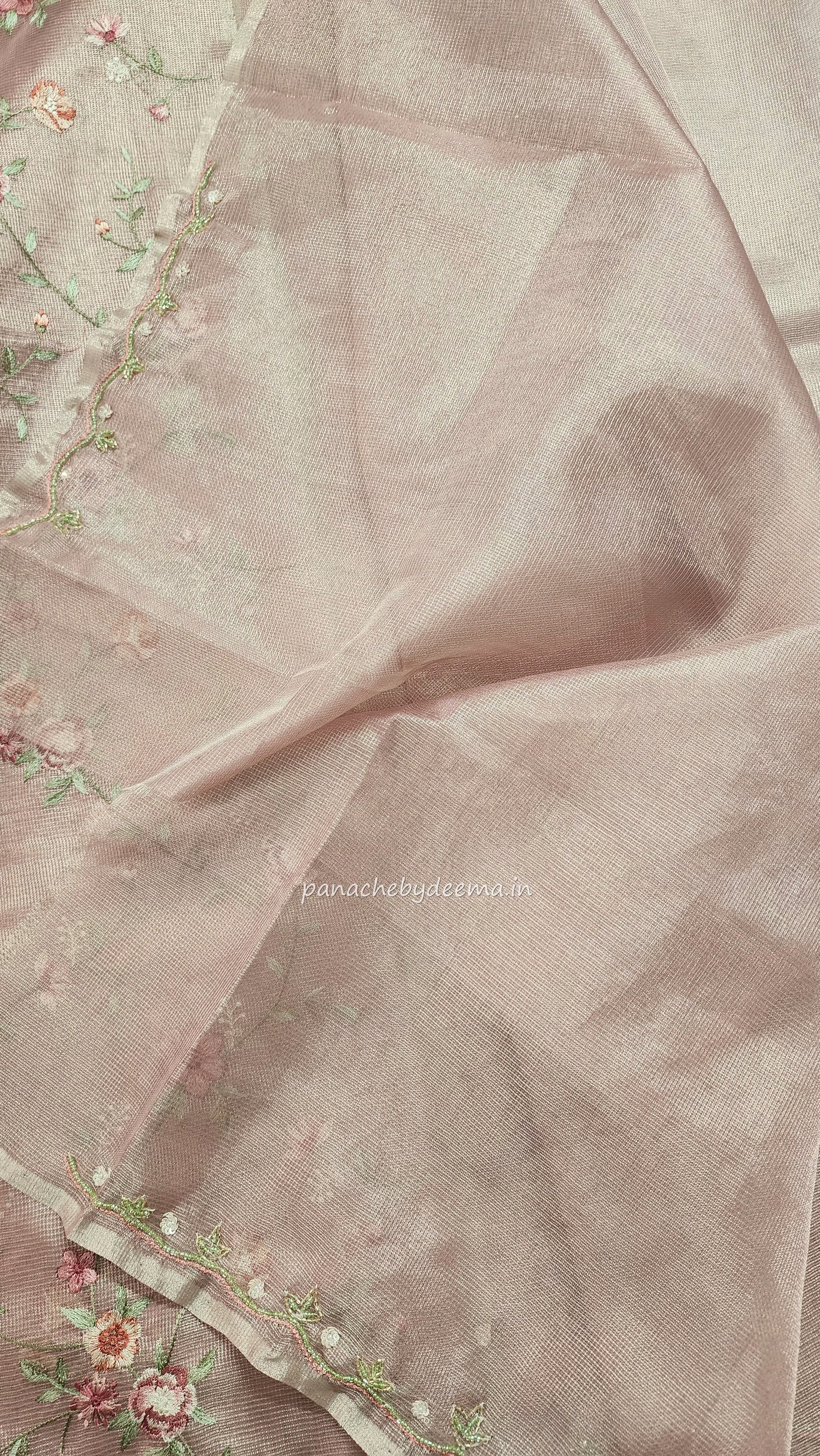 Kota tissue saree with embroidery and handworked scalloped edges |Light Pink |Tis6