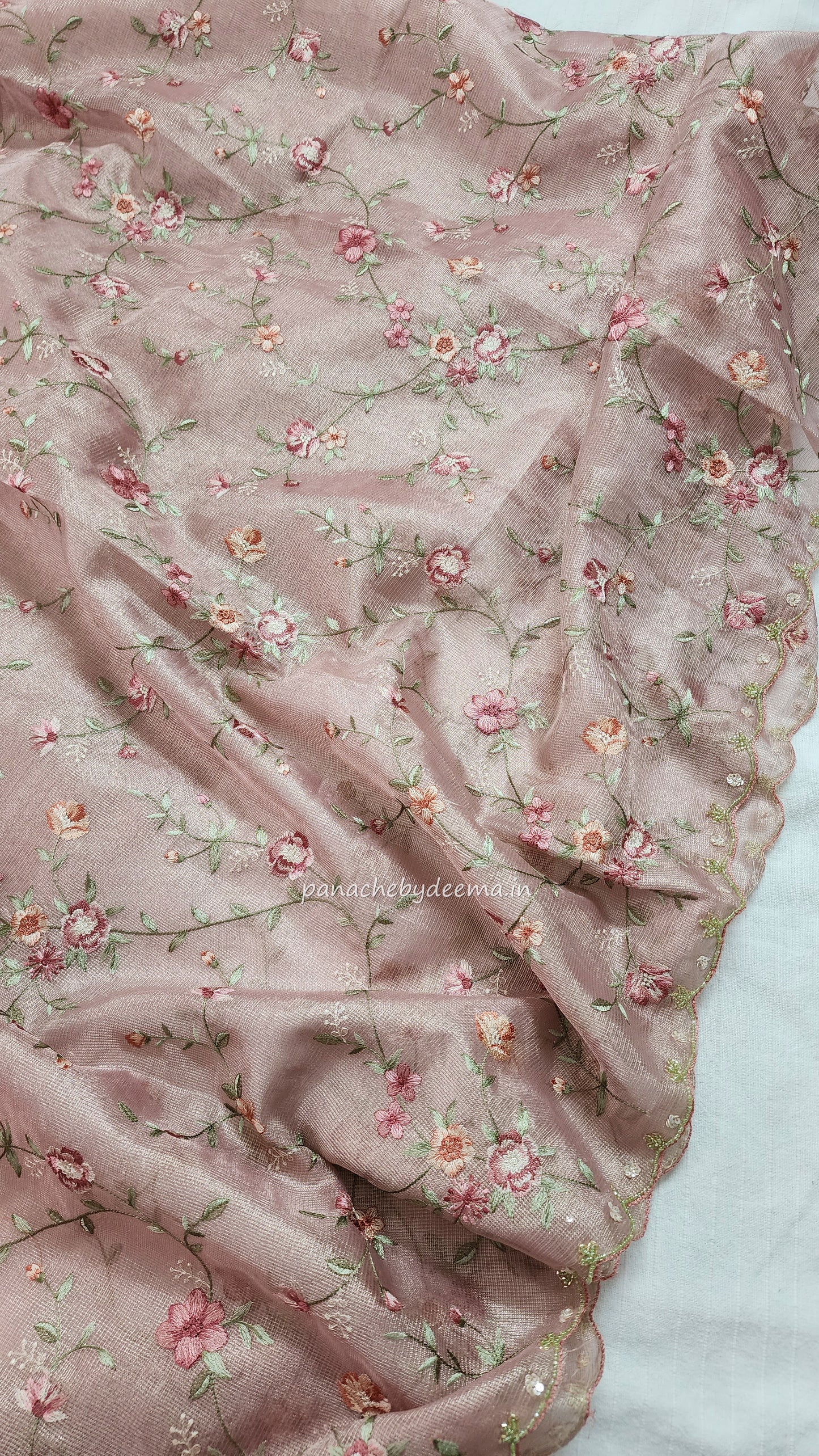 Kota tissue saree with embroidery and handworked scalloped edges |Light Pink |Tis6