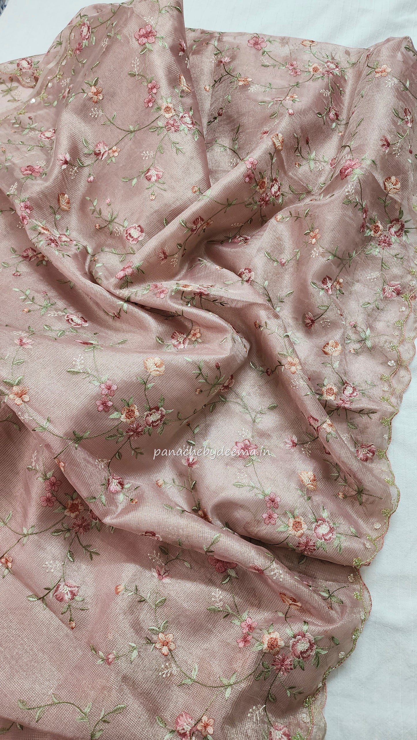 Kota tissue saree with embroidery and handworked scalloped edges |Light Pink |Tis6