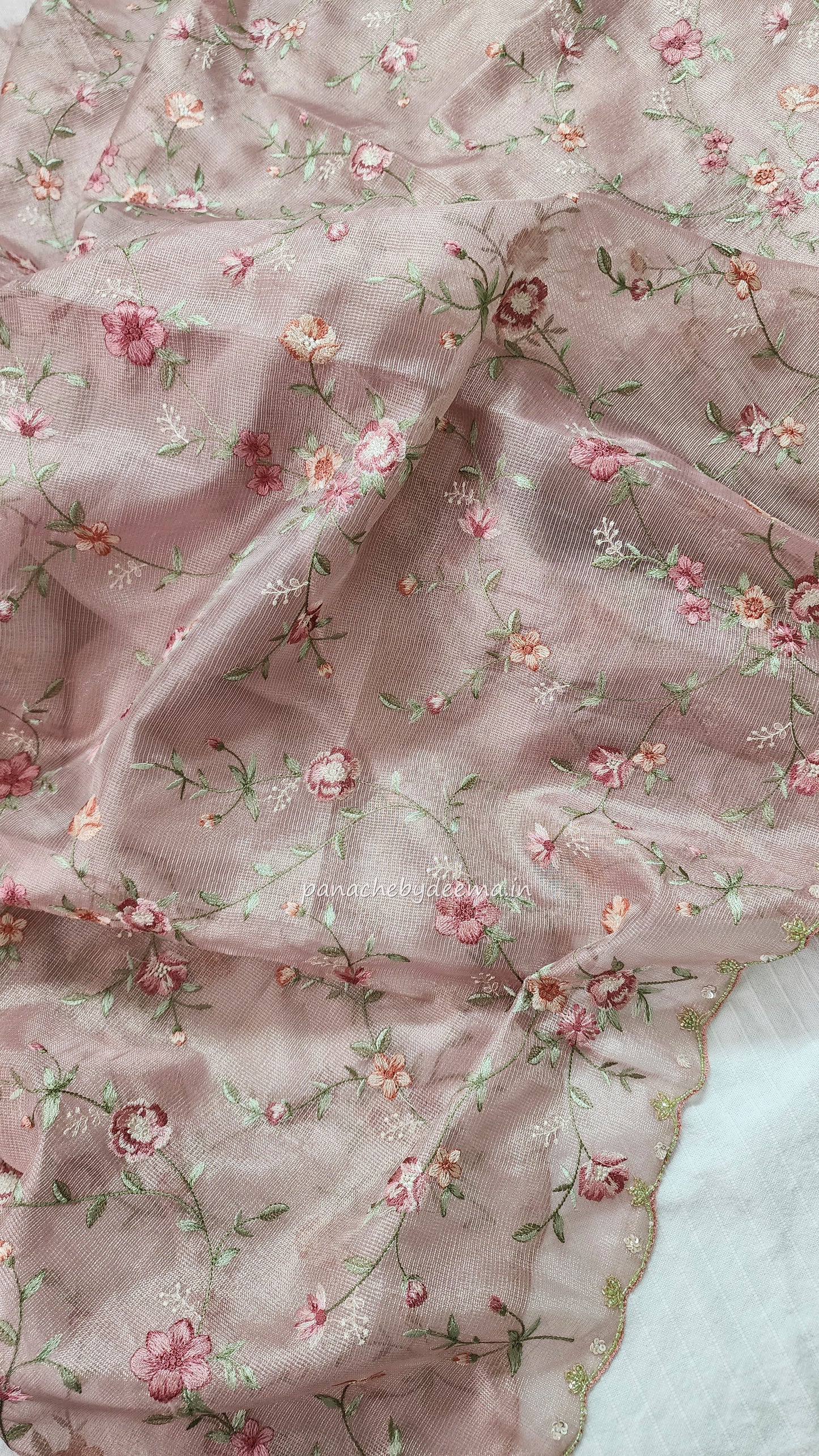 Kota tissue saree with embroidery and handworked scalloped edges |Light Pink |Tis6