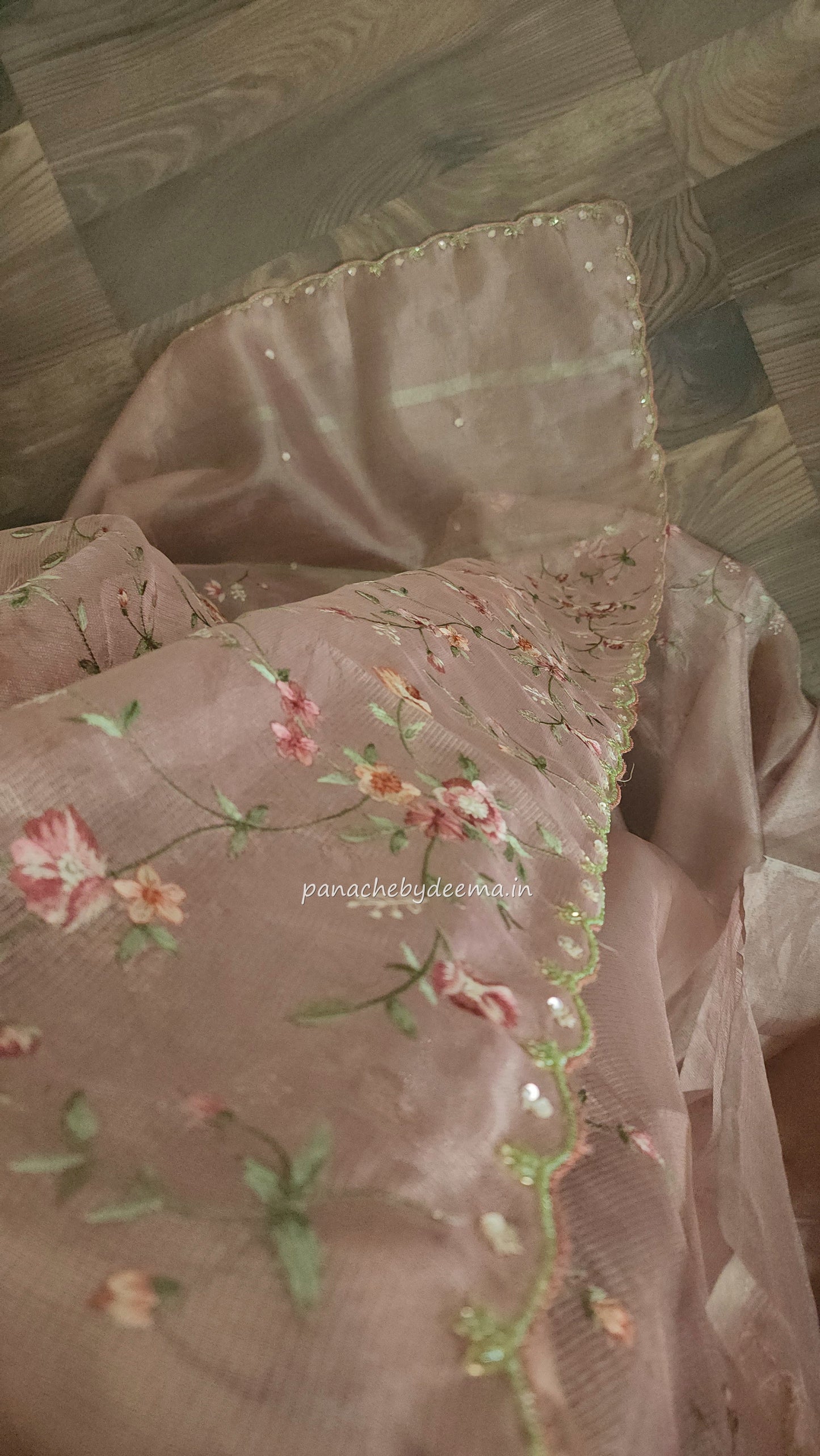 Kota tissue saree with embroidery and handworked scalloped edges |Light Pink |Tis6
