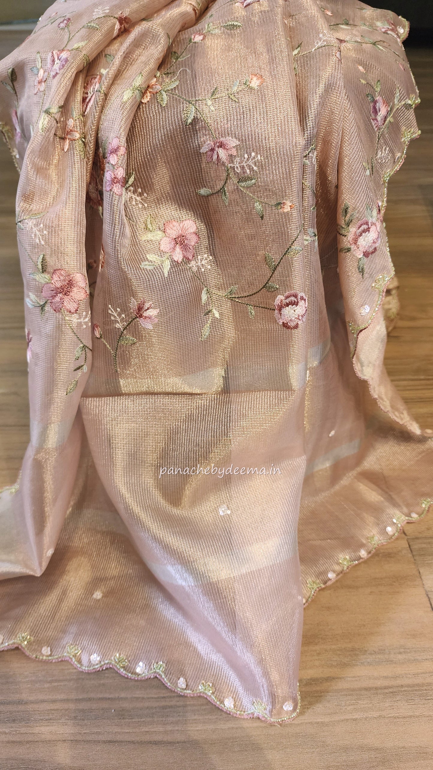 Kota tissue saree with embroidery and handworked scalloped edges |light pink2 |Tis7