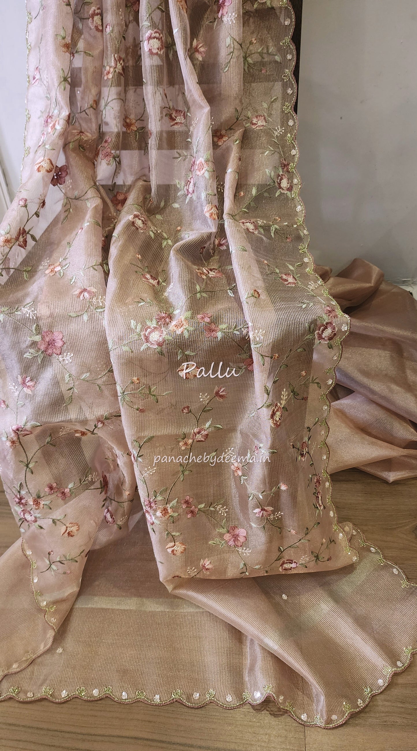 Kota tissue saree with embroidery and handworked scalloped edges |light pink2 |Tis7
