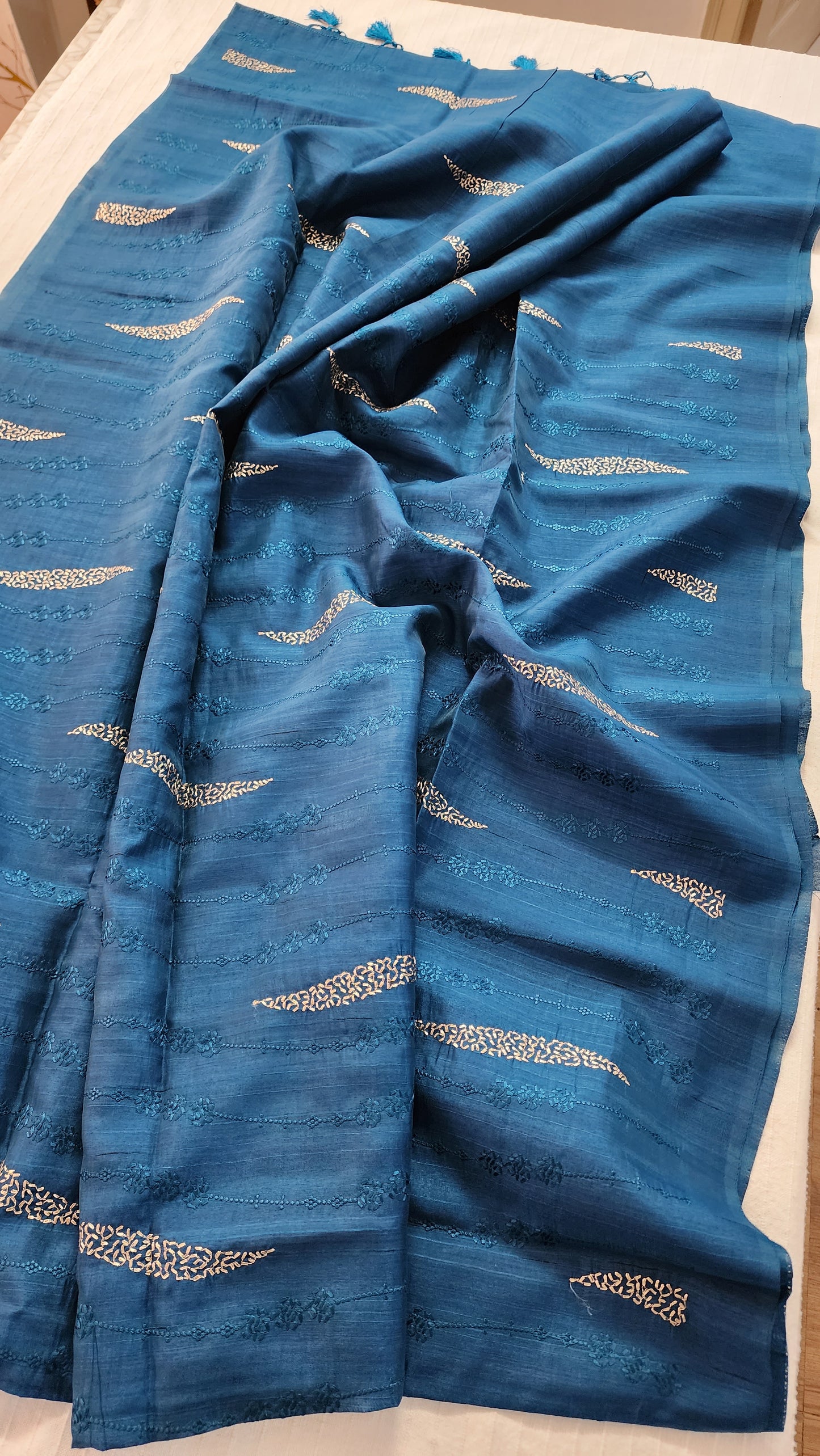 Matka silk designer saree with embroidery | Teal blue | MT14