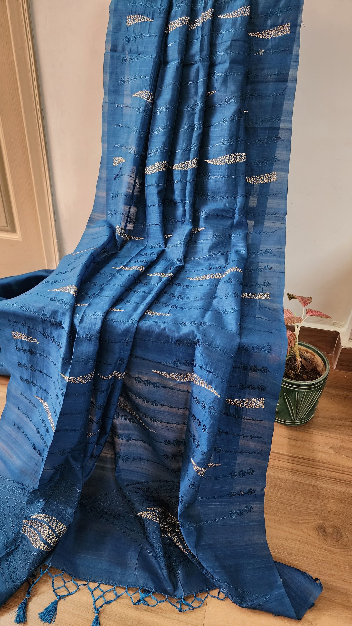 Matka silk designer saree with embroidery | Teal blue | MT14