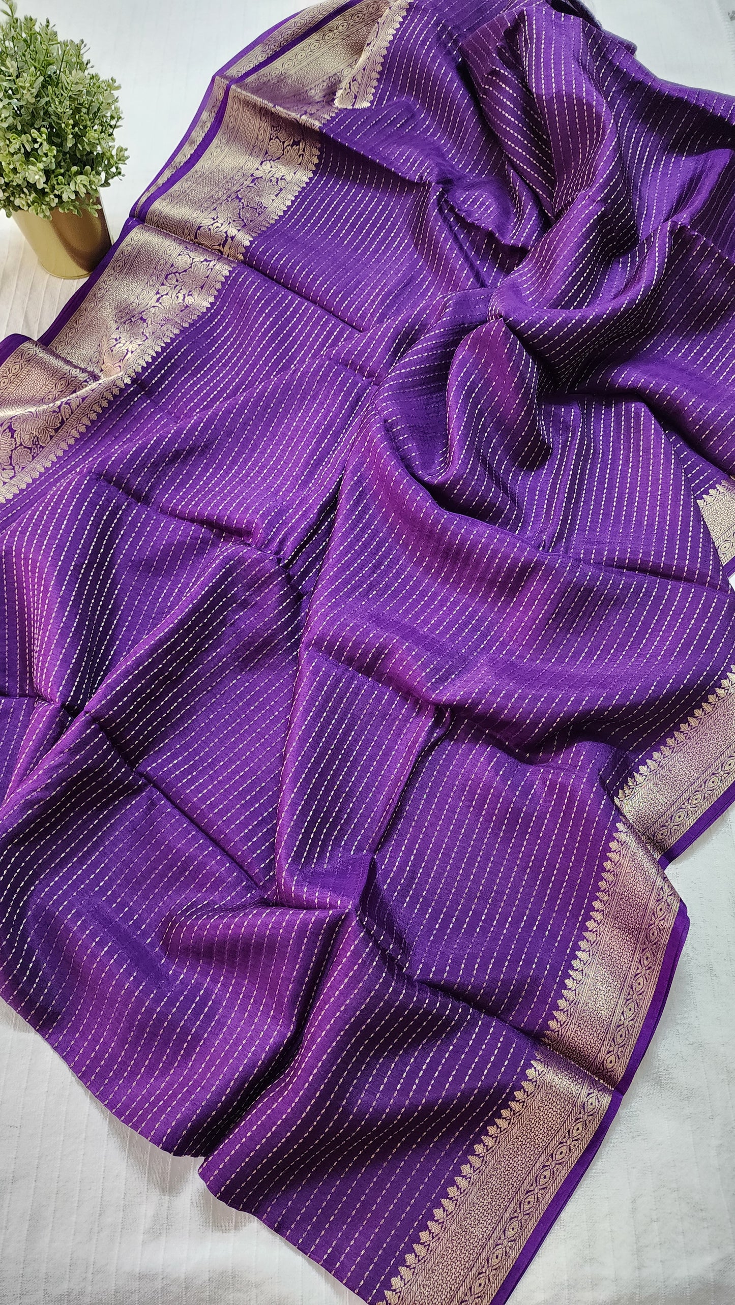 Semi banarasi munga silk designer sareee with kantha pattern zari weaving | Violet with pink | BS1