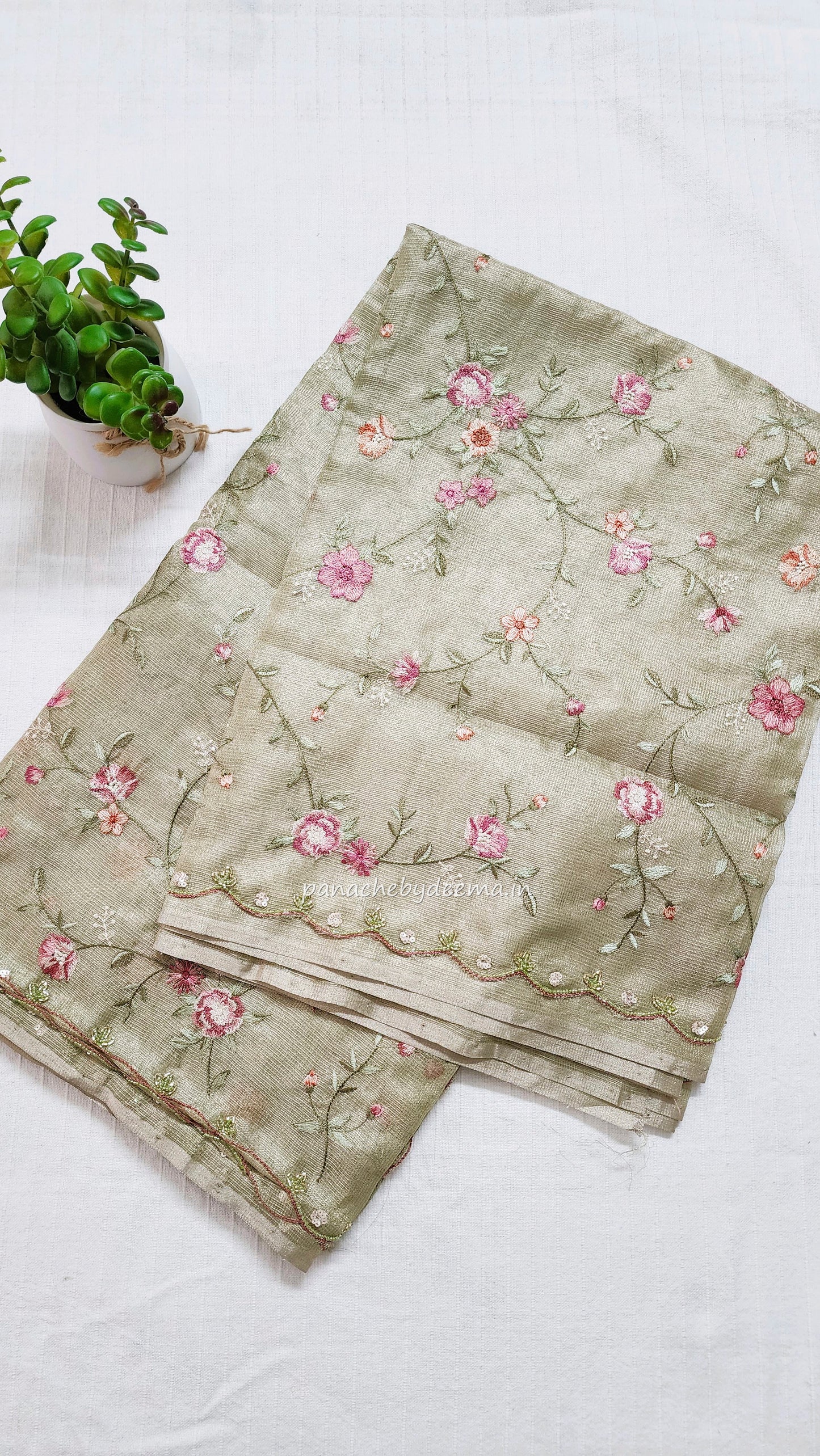 Kota tissue saree with embroidery and handworked scalloped edges |green |Tis8