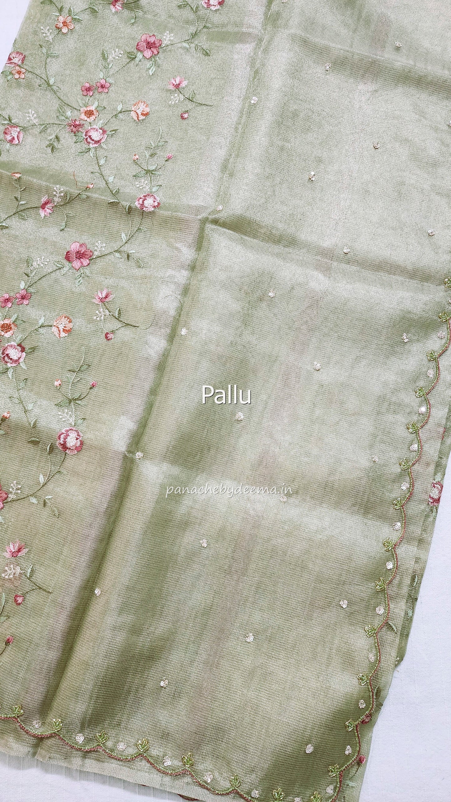 Kota tissue saree with embroidery and handworked scalloped edges |green |Tis8