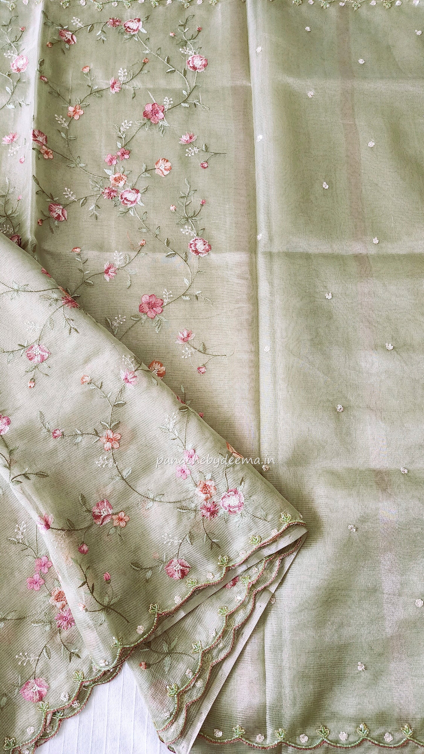 Kota tissue saree with embroidery and handworked scalloped edges |green |Tis8