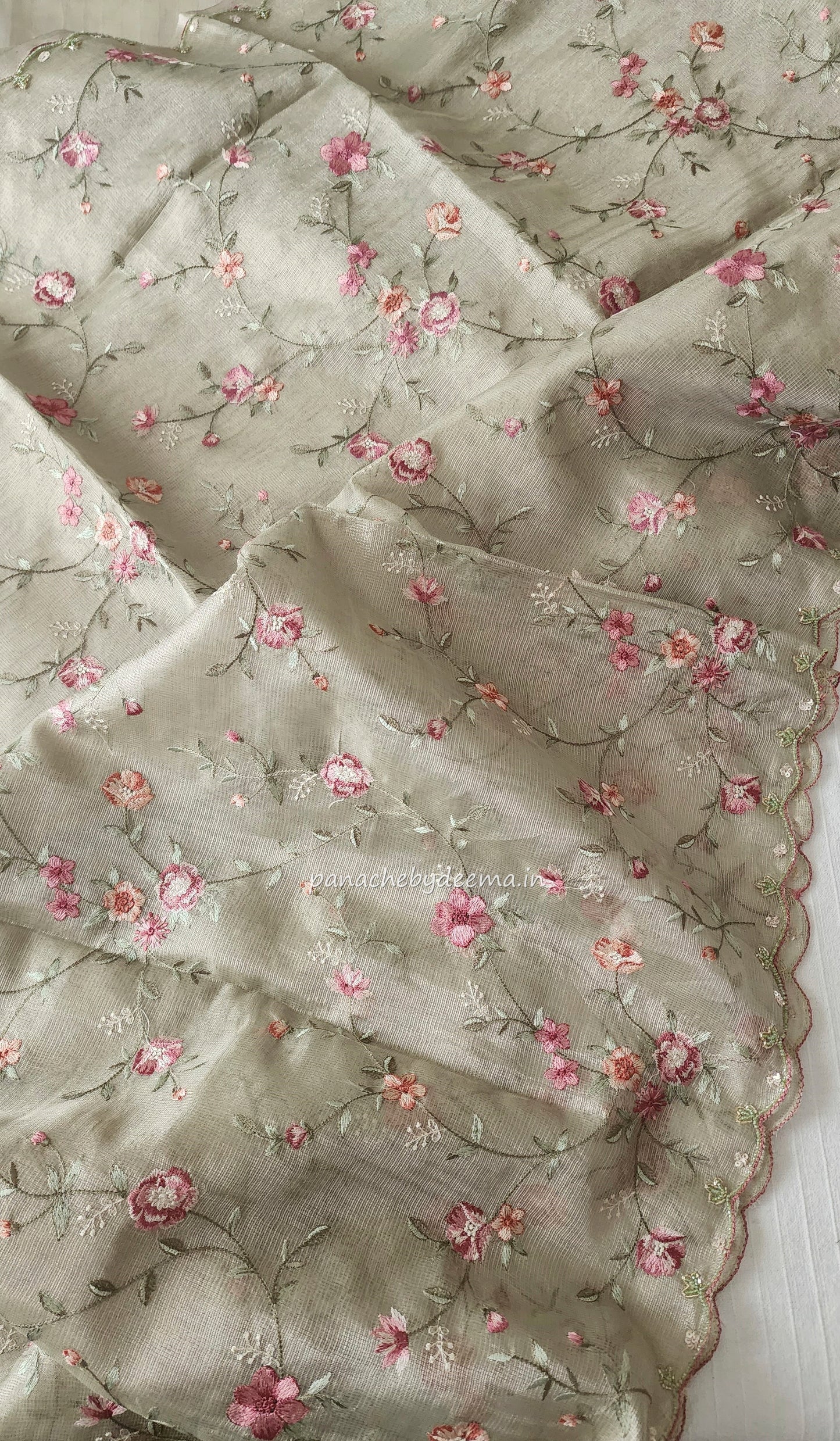 Kota tissue saree with embroidery and handworked scalloped edges |green |Tis8