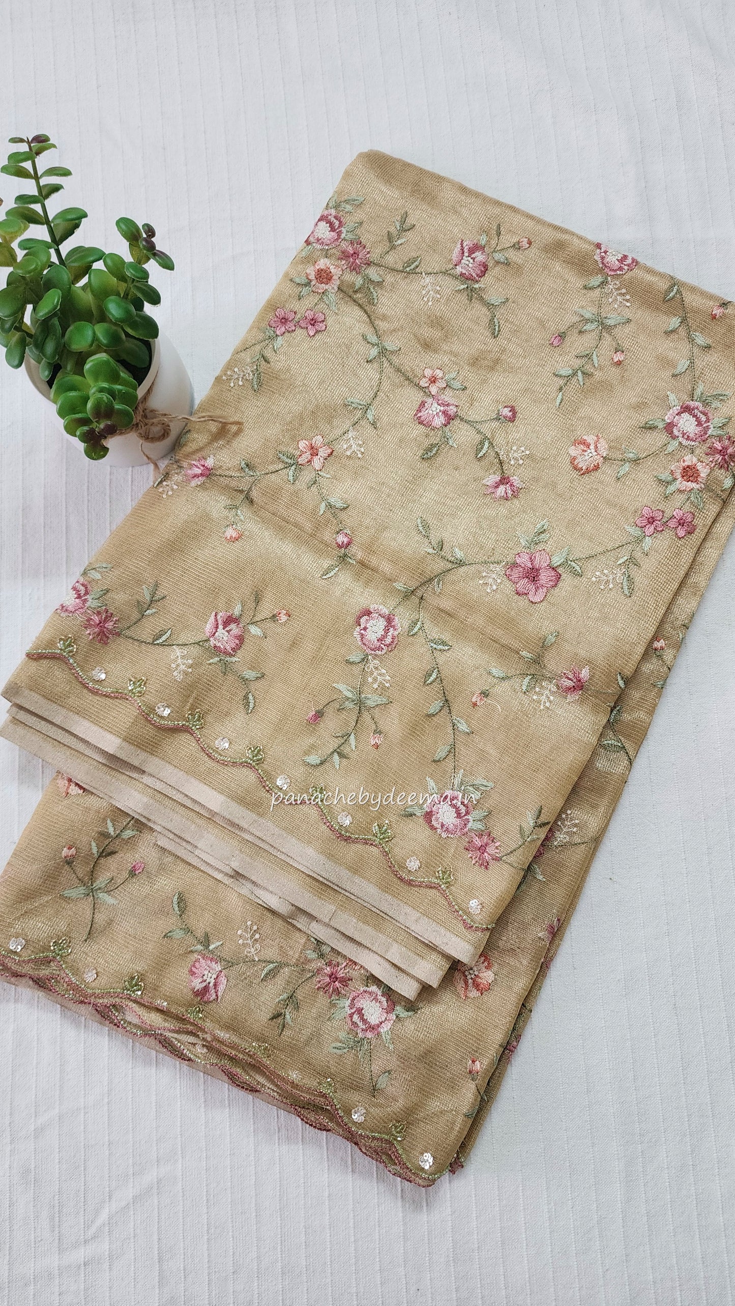 Kota tissue saree with embroidery and handworked scalloped edges |yellow|Tis9