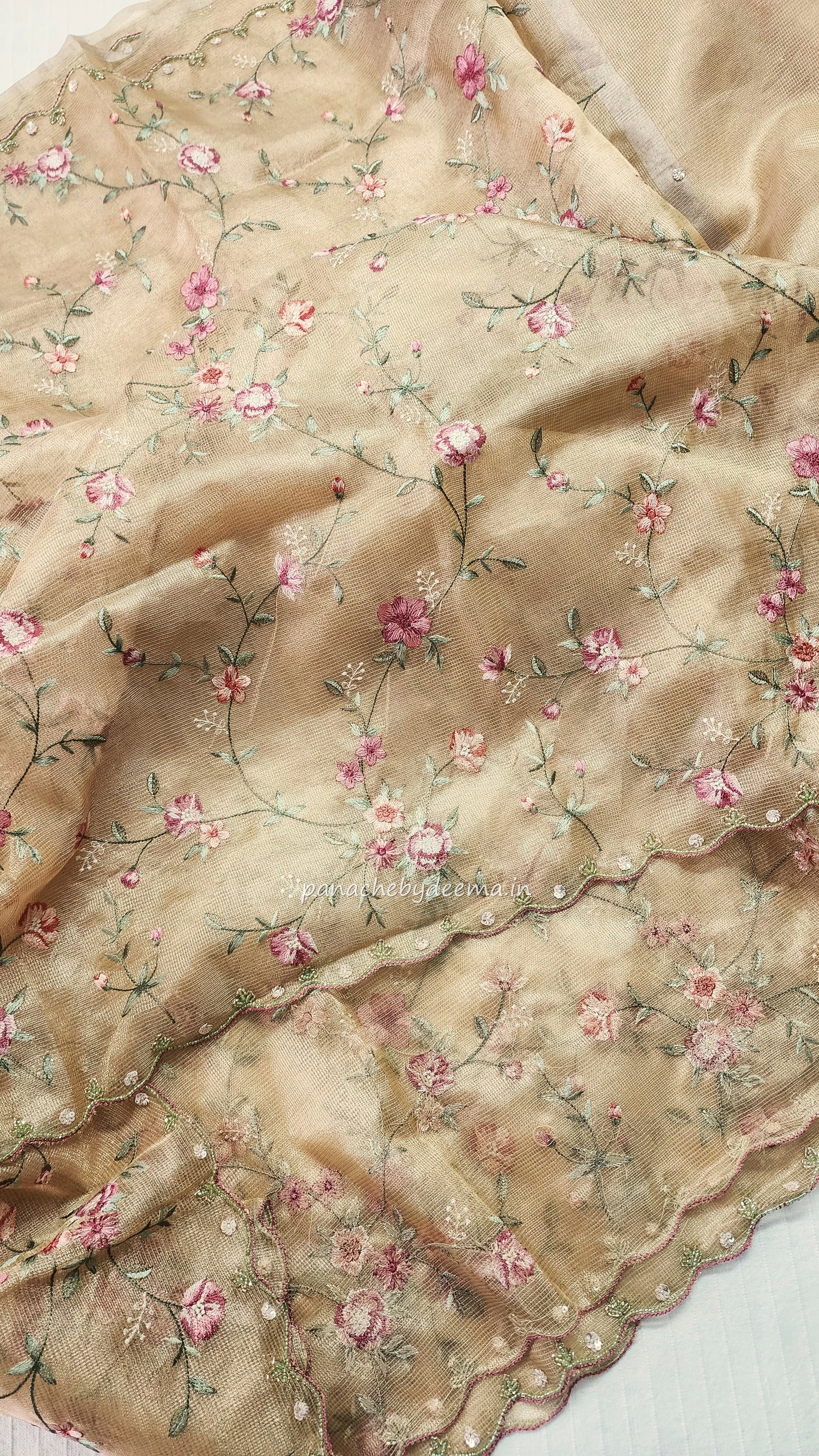 Kota tissue saree with embroidery and handworked scalloped edges |yellow|Tis9