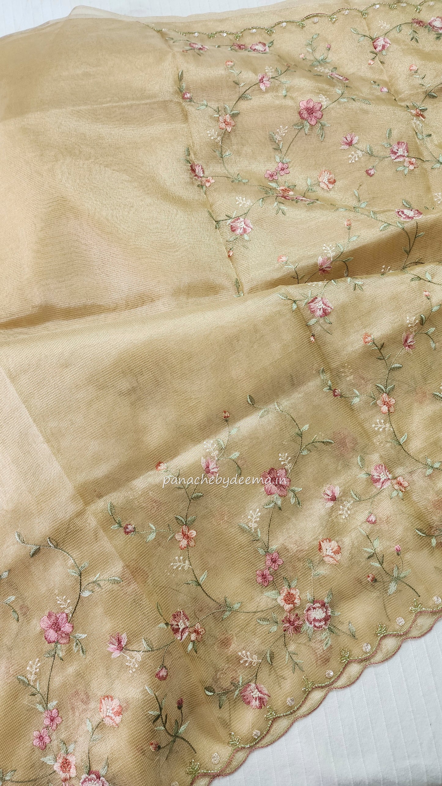 Kota tissue saree with embroidery and handworked scalloped edges |yellow|Tis9