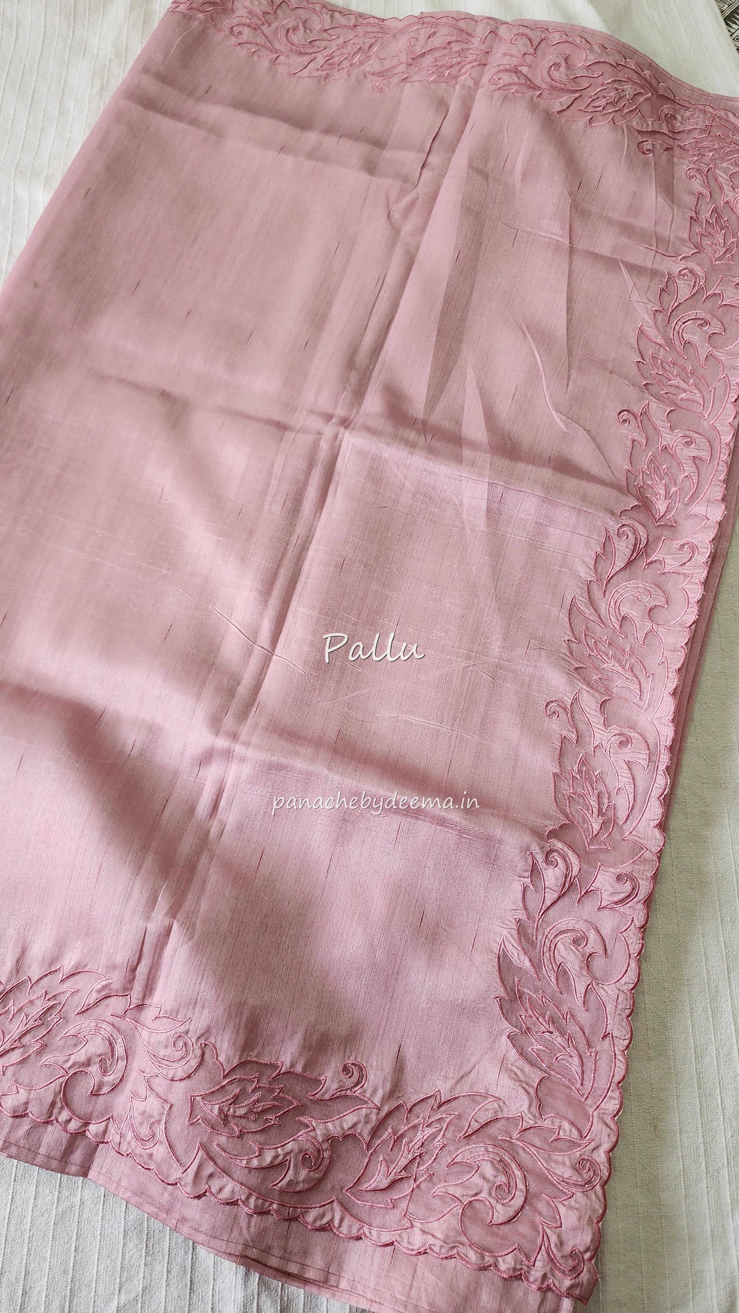 Semi tussar applique cut work saree with scalloped borders | light pink | AST1