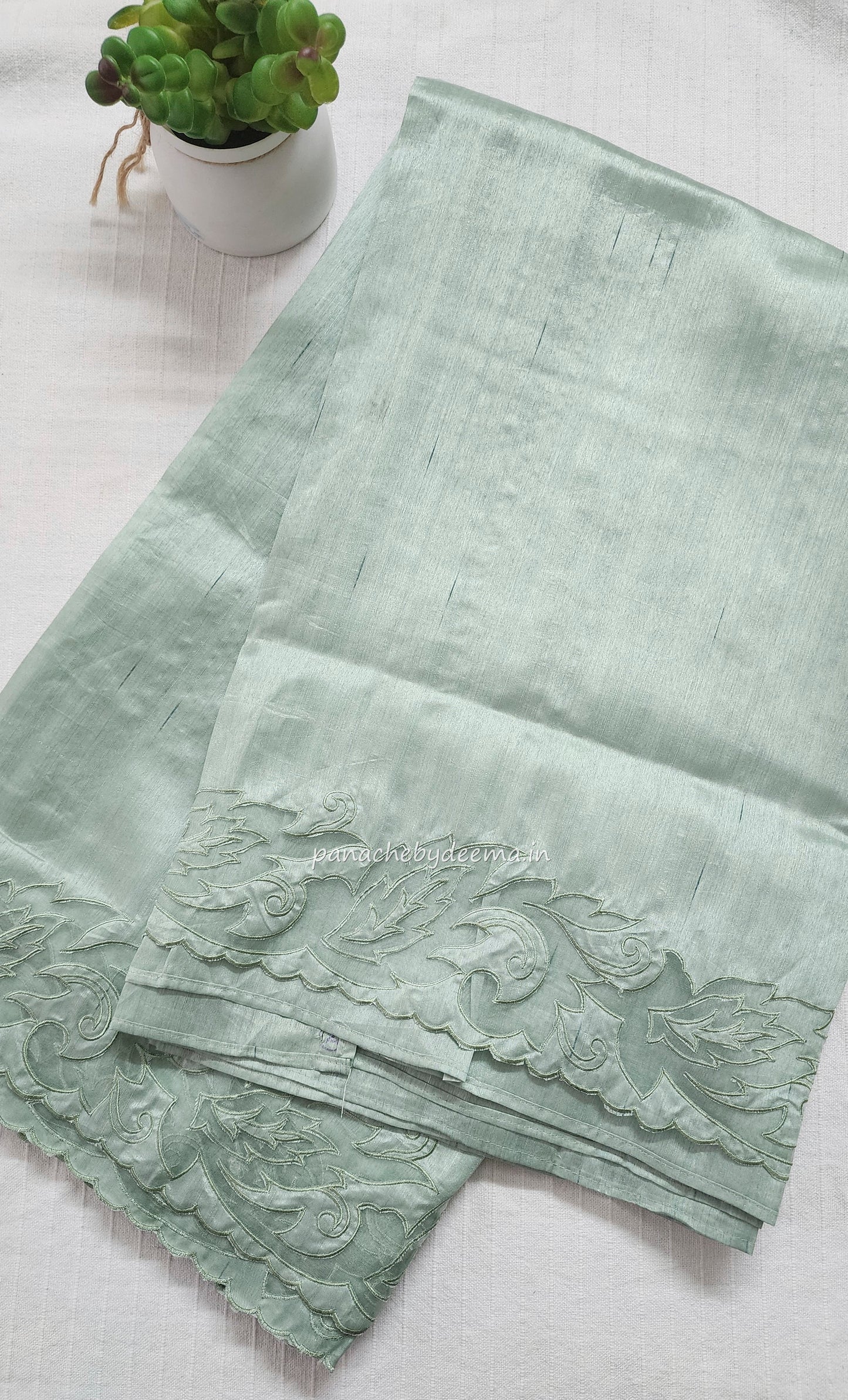 Semi tussar applique cut work saree with scalloped borders |Pastel green | AST2