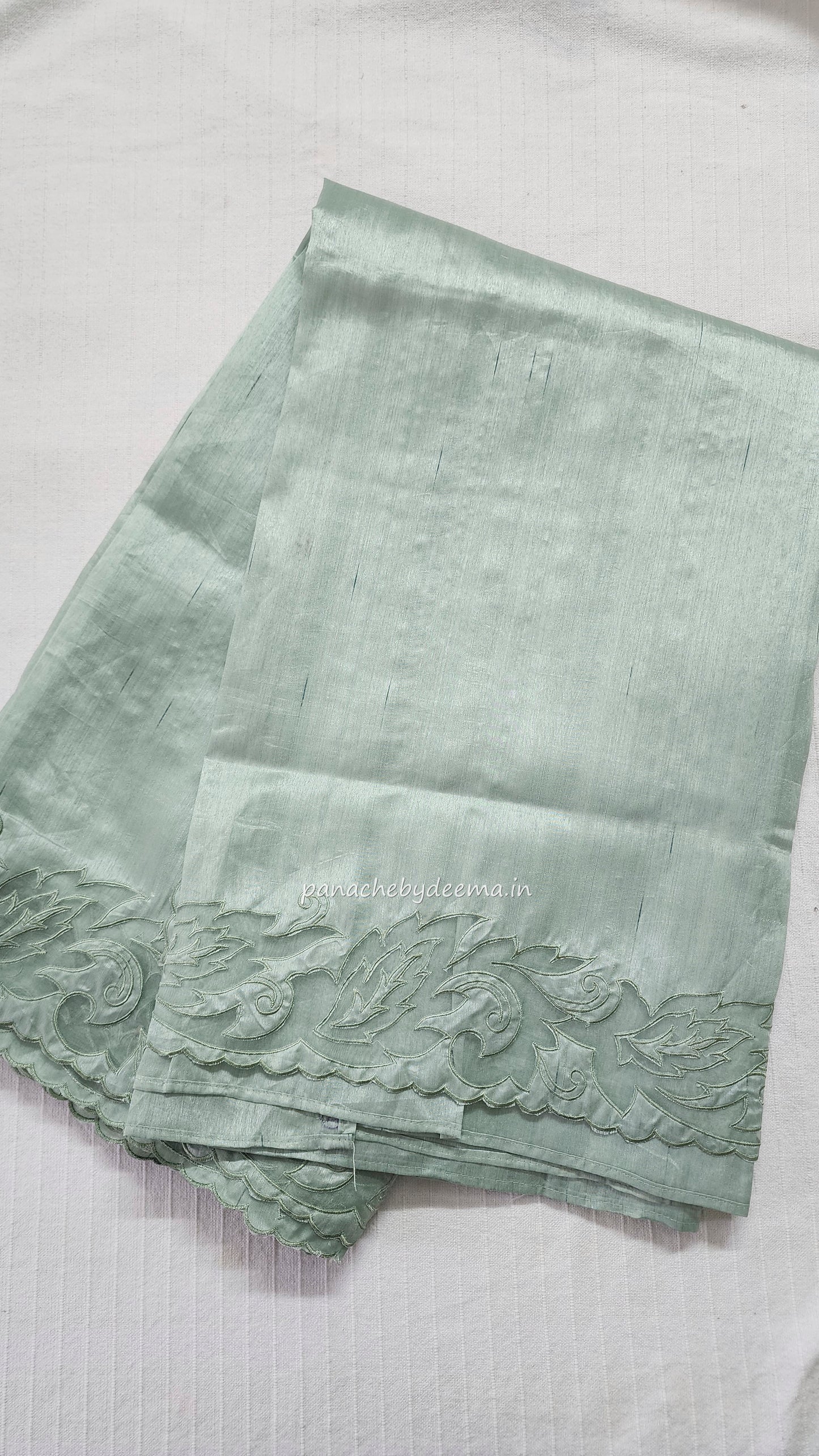 Semi tussar applique cut work saree with scalloped borders |Pastel green | AST2