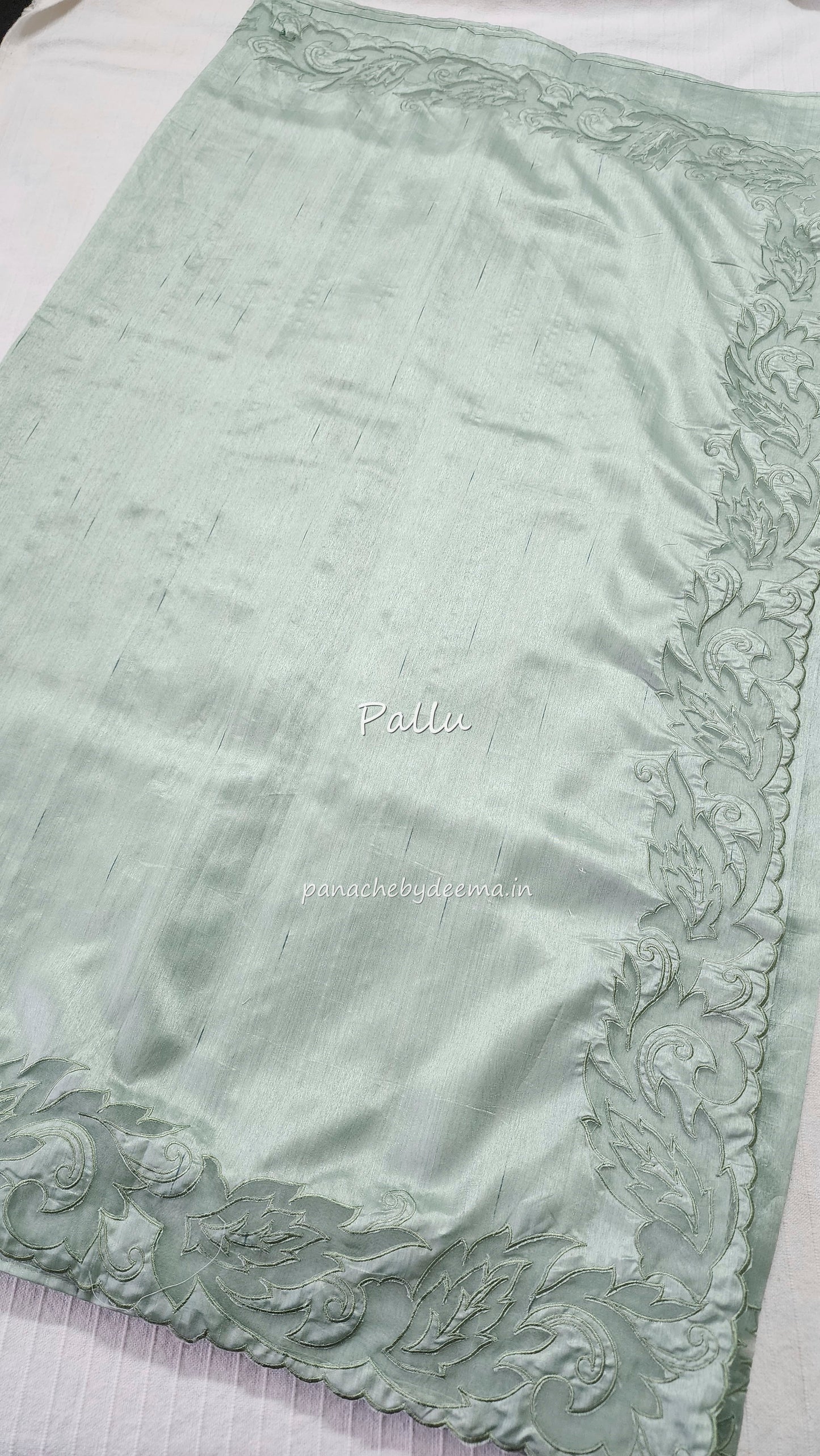 Semi tussar applique cut work saree with scalloped borders |Pastel green | AST2