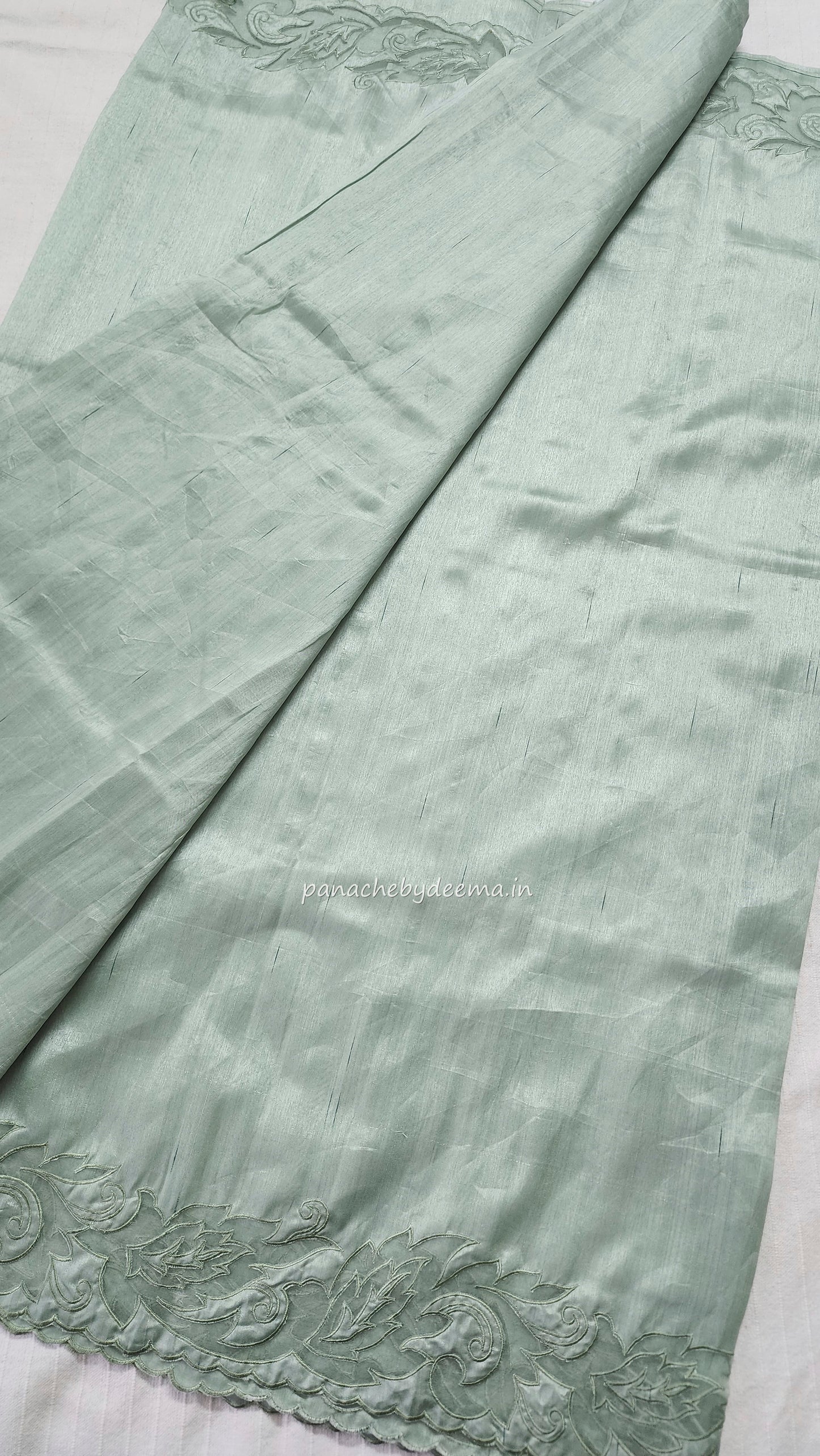 Semi tussar applique cut work saree with scalloped borders |Pastel green | AST2