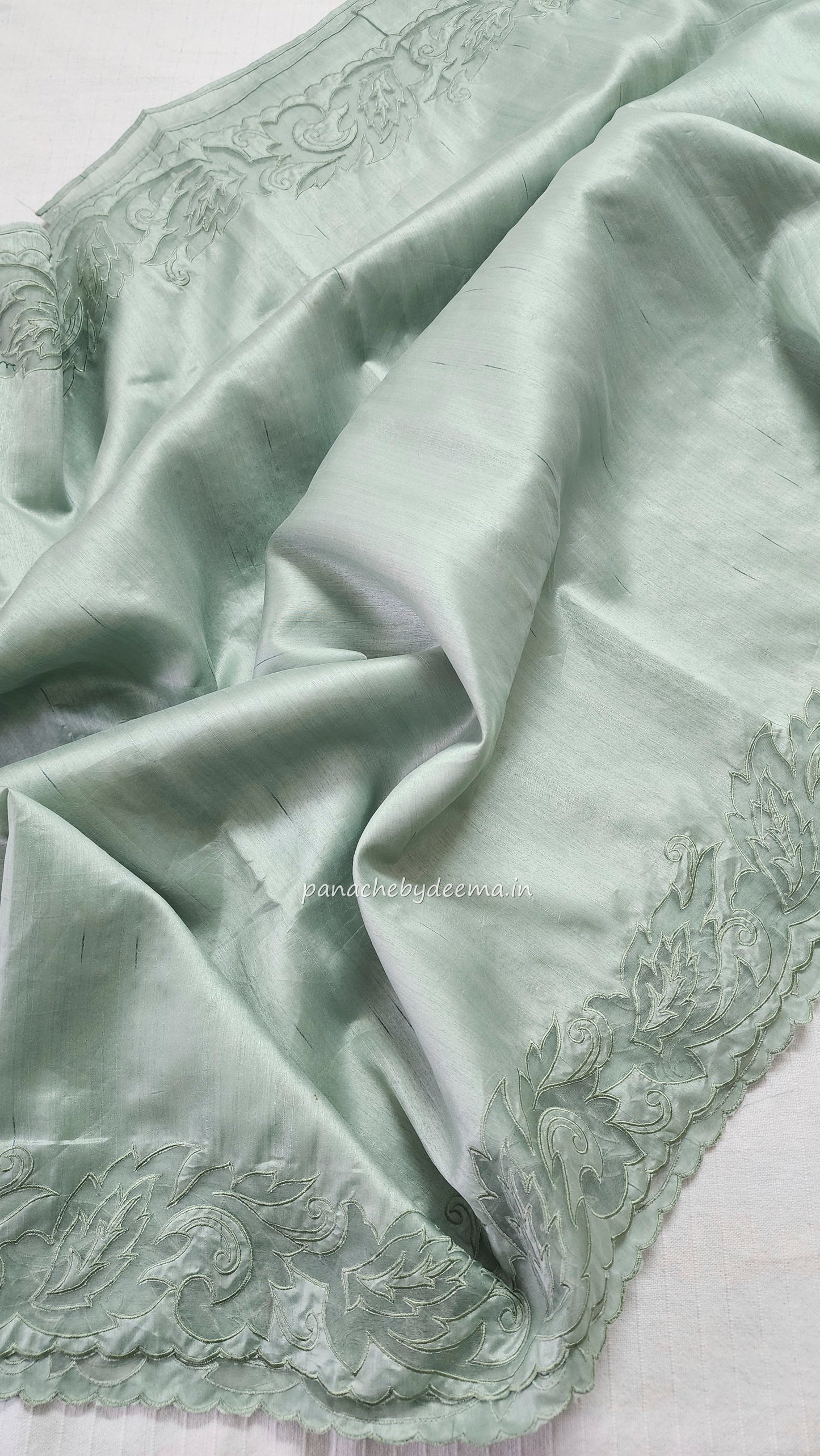 Semi tussar applique cut work saree with scalloped borders |Pastel green | AST2