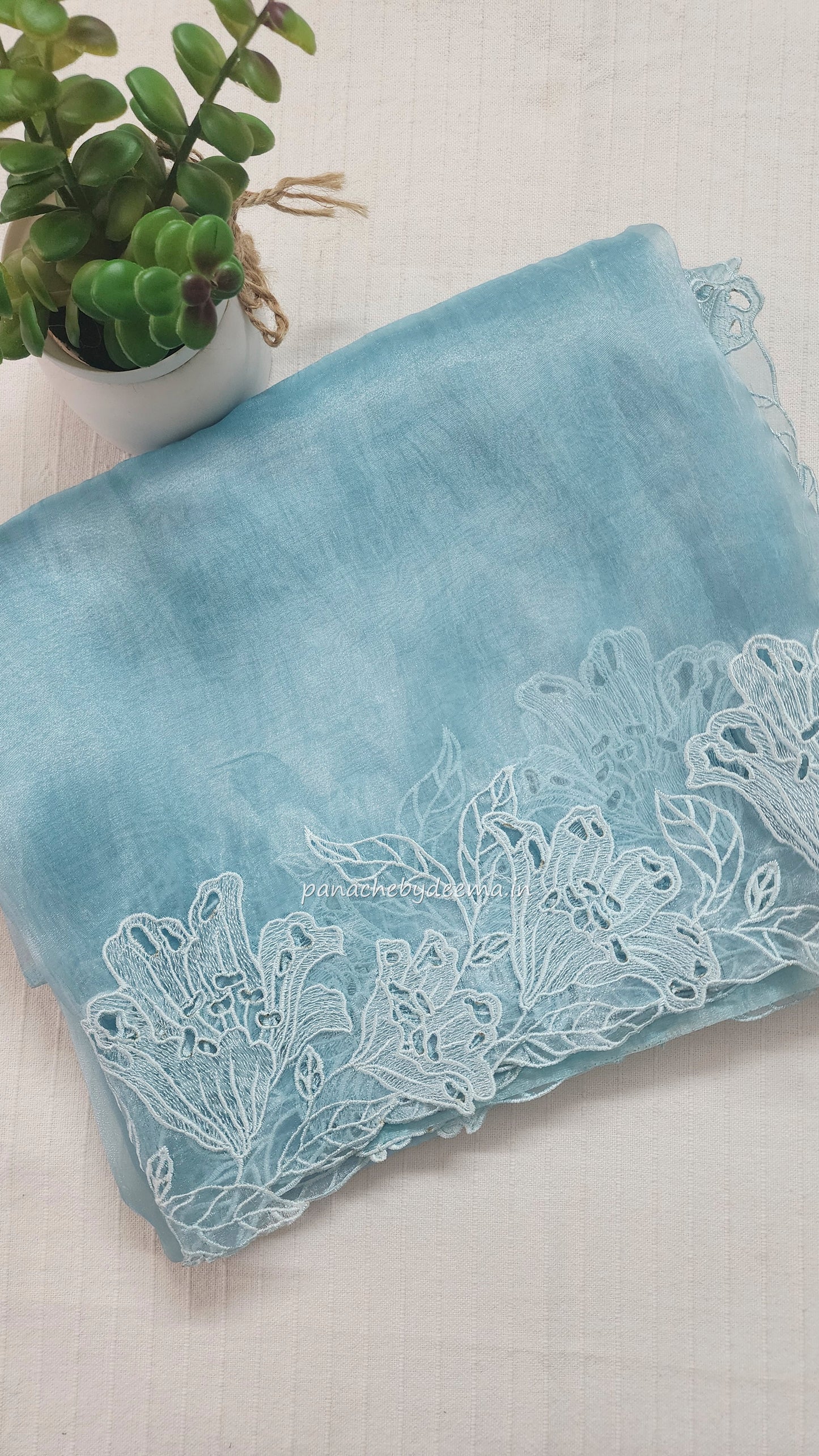 Organza glass tissue saree with embroidery and cutwork borders | Blue |GL1