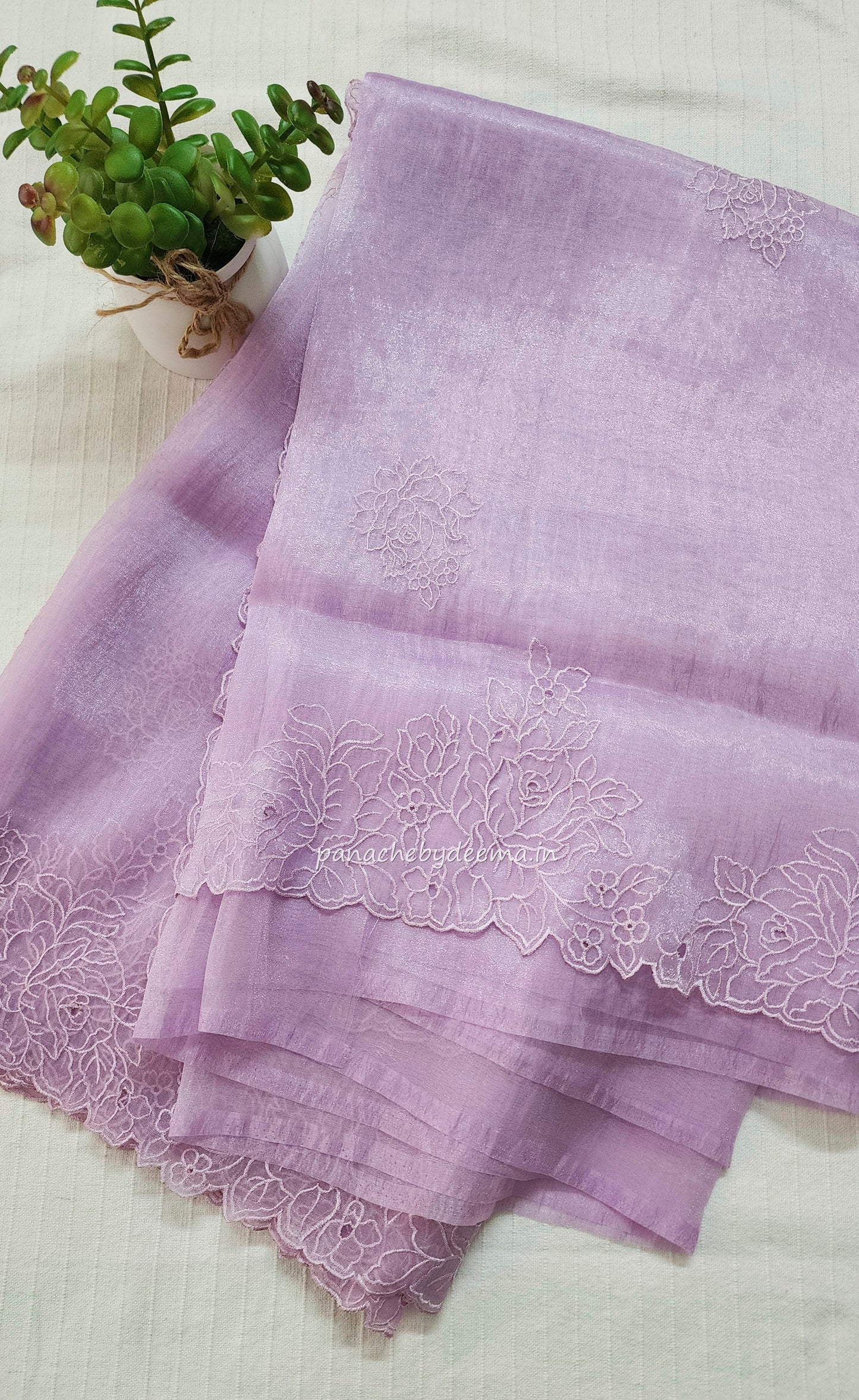 Organza glass tissue saree with embroidery and cutwork with scalloped borders | Lavender |GL3