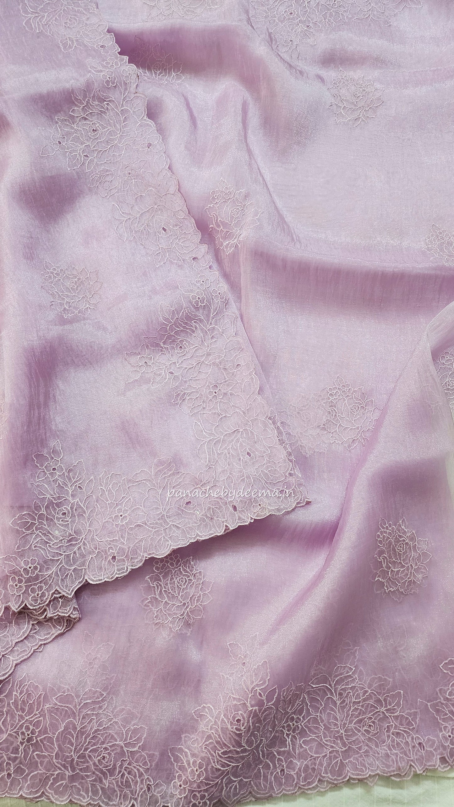 Organza glass tissue saree with embroidery and cutwork with scalloped borders | Lavender |GL3