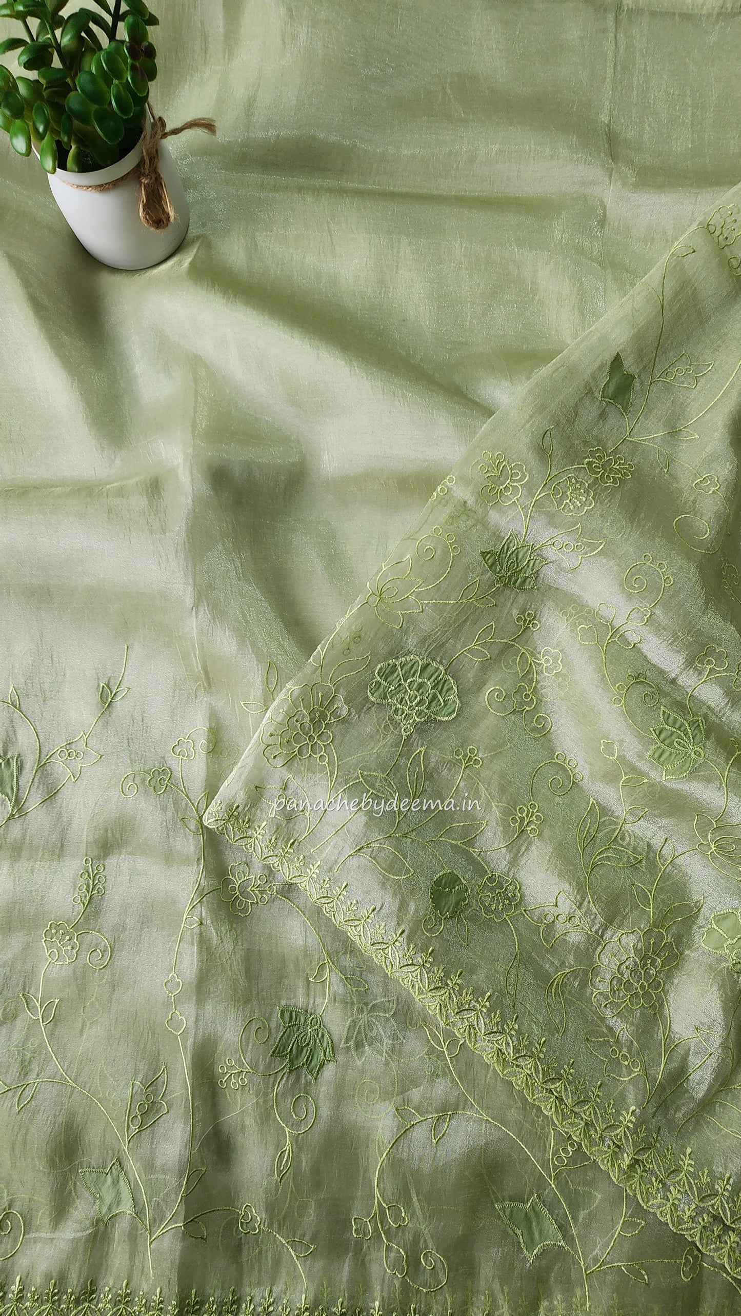 Tissue organza saree with applique work and embroidery |Light Pistah Green| AST5