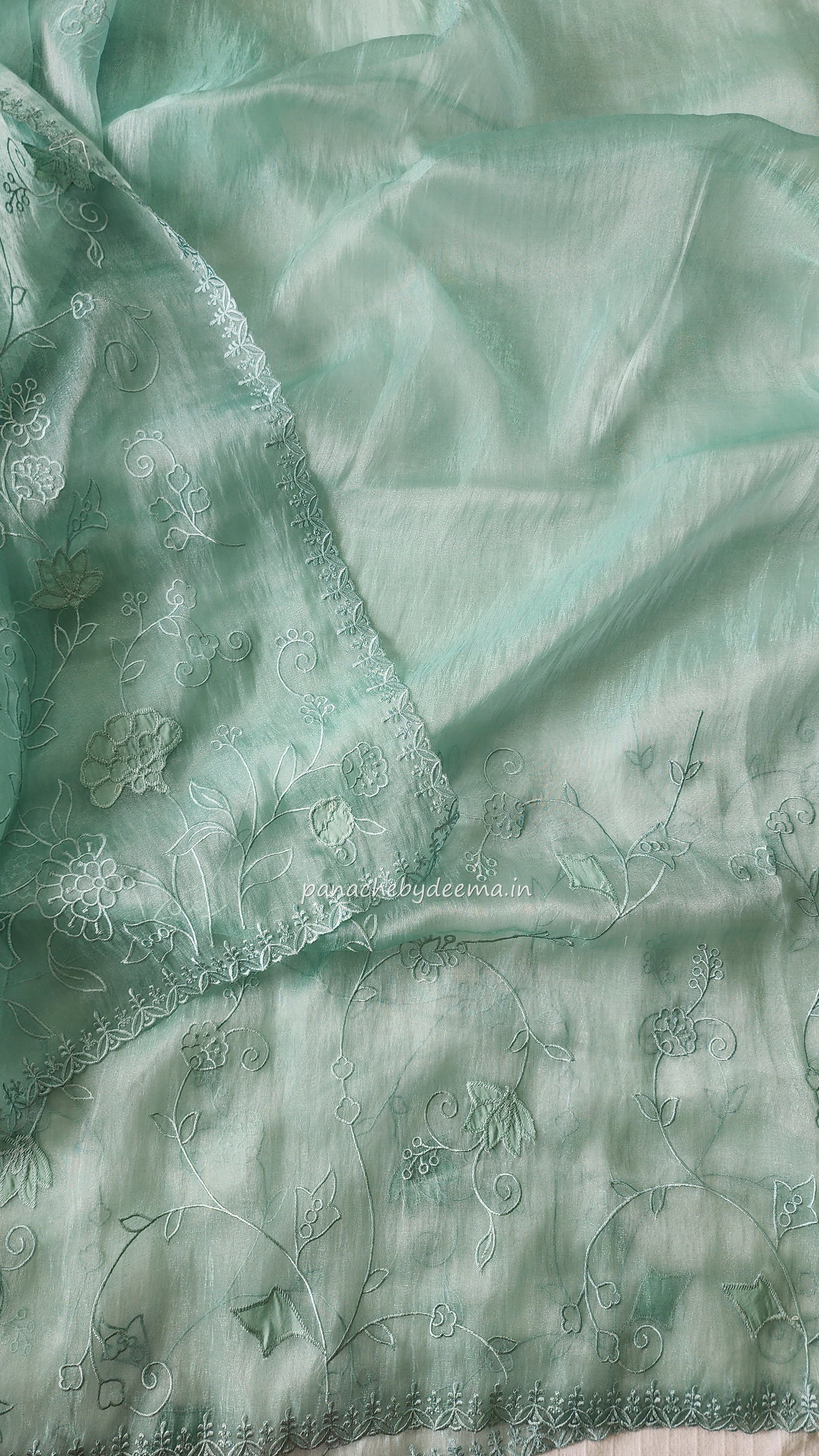 Tissue organza saree with applique work and embroidery |greenish blue| AST6