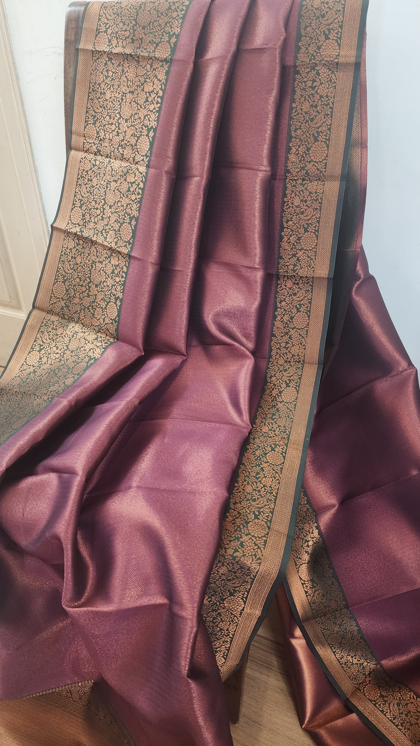 Copper zari woven soft semi silk saree with contrast border and blouse | Purple with with dark green border |PA123