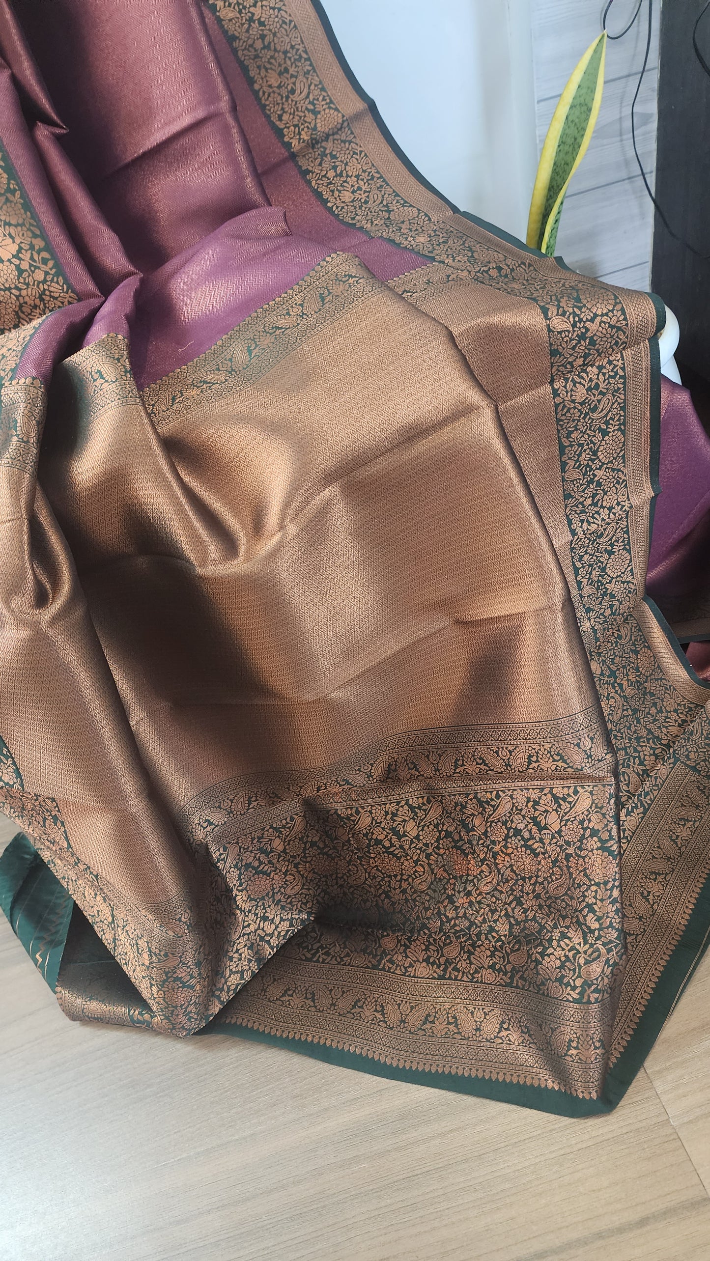 Copper zari woven soft semi silk saree with contrast border and blouse | Purple with with dark green border |PA123