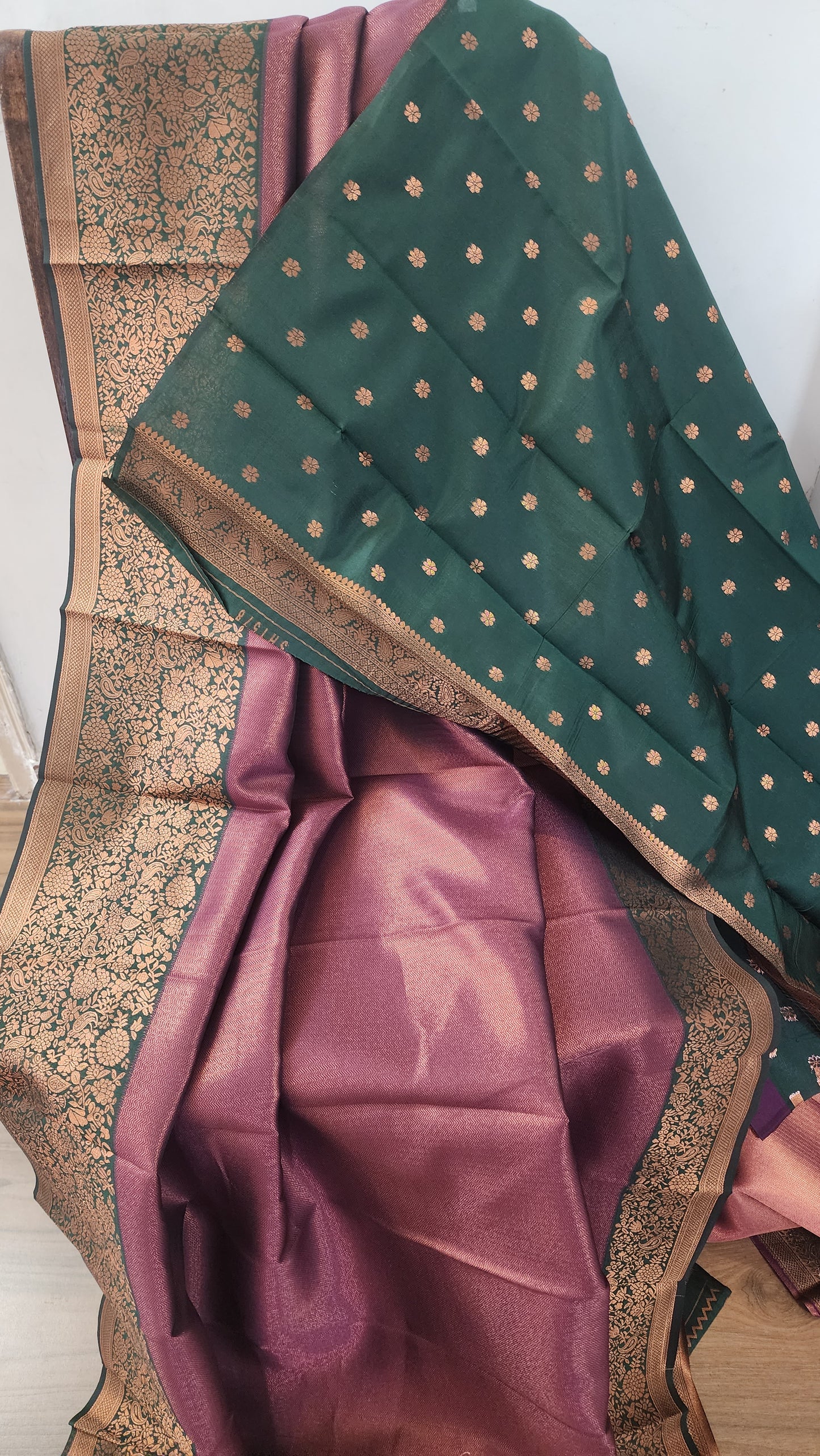 Copper zari woven soft semi silk saree with contrast border and blouse | Purple with with dark green border |PA123