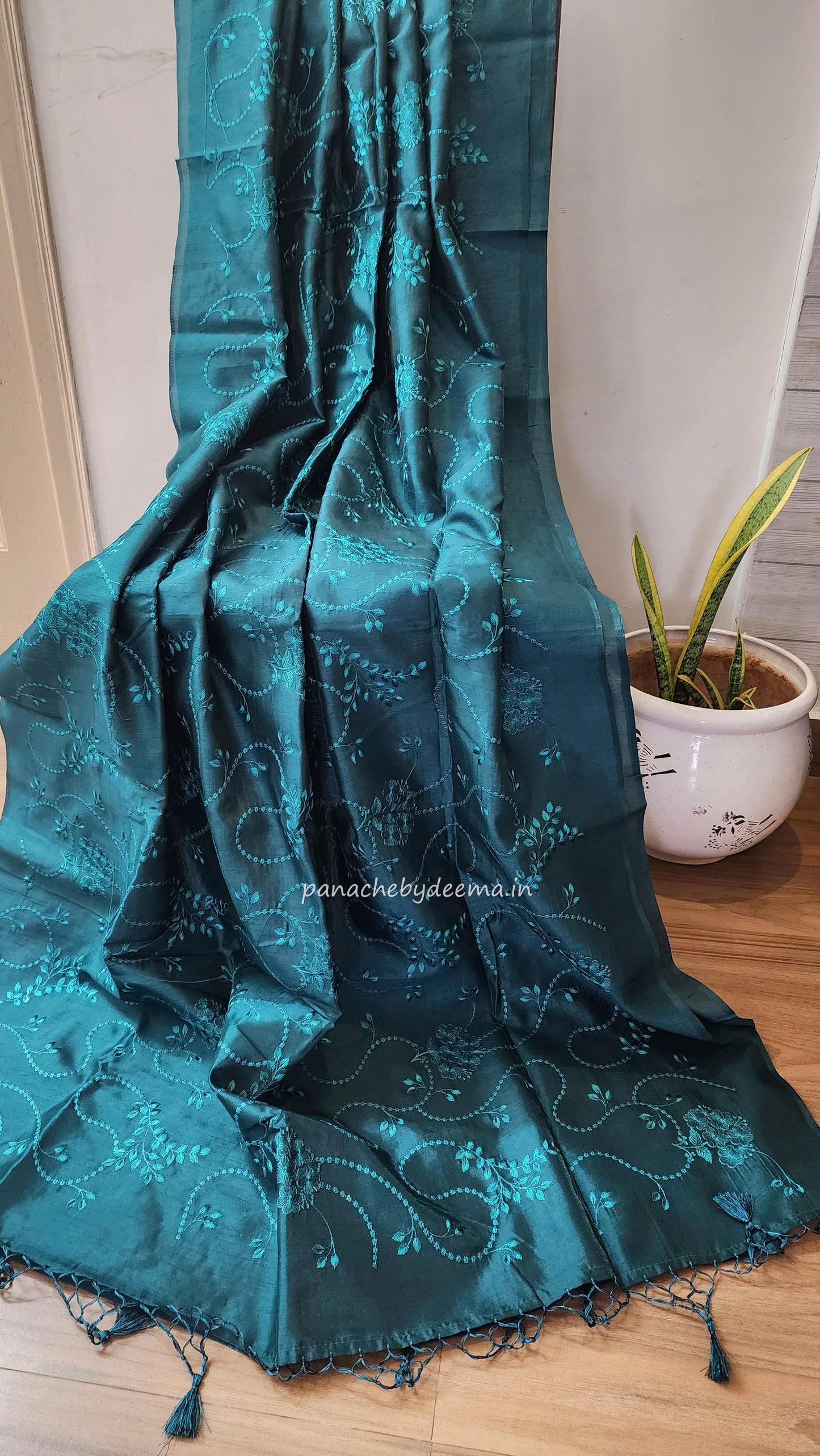 Art silk saree with embroidery | Peacock green | A4