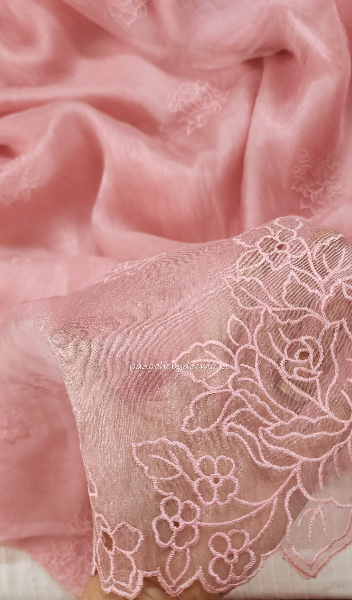 (Pre order available for restocking please whatsapp)Organza glass tissue saree with embroidery and cutwork with scalloped borders() | Peachypink|GL4