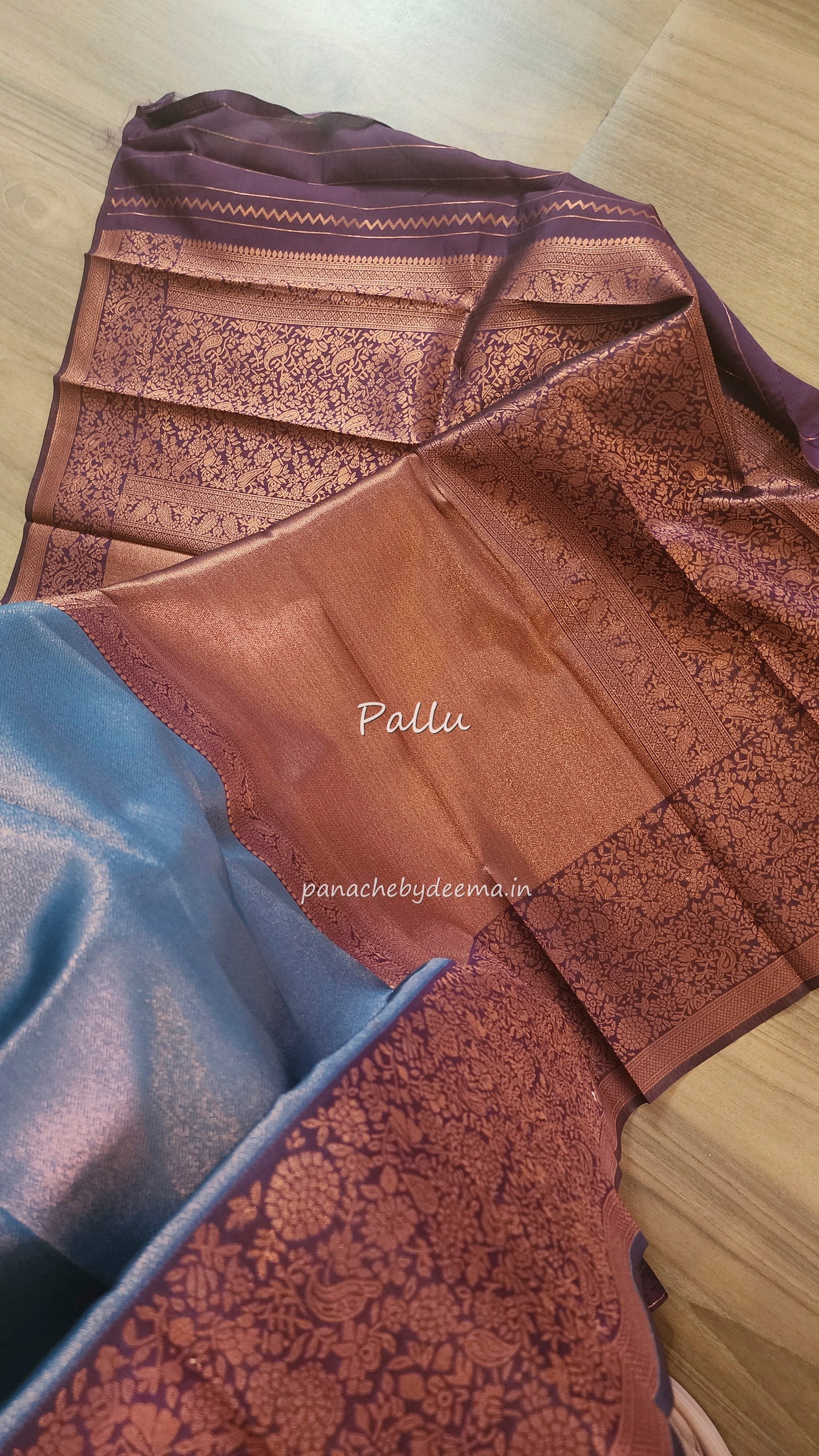 Copper zari woven semi kancheevaram saree with contrast border and blouse | Peacock blue with purple border | SS124
