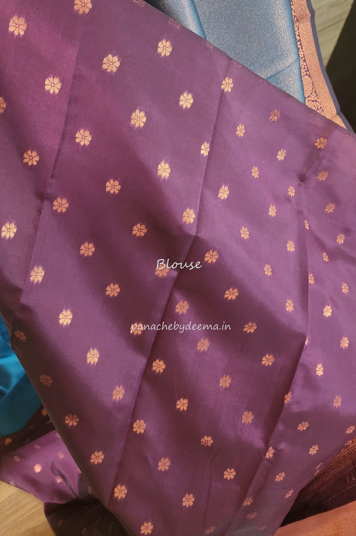 Copper zari woven semi kancheevaram saree with contrast border and blouse | Peacock blue with purple border | SS124