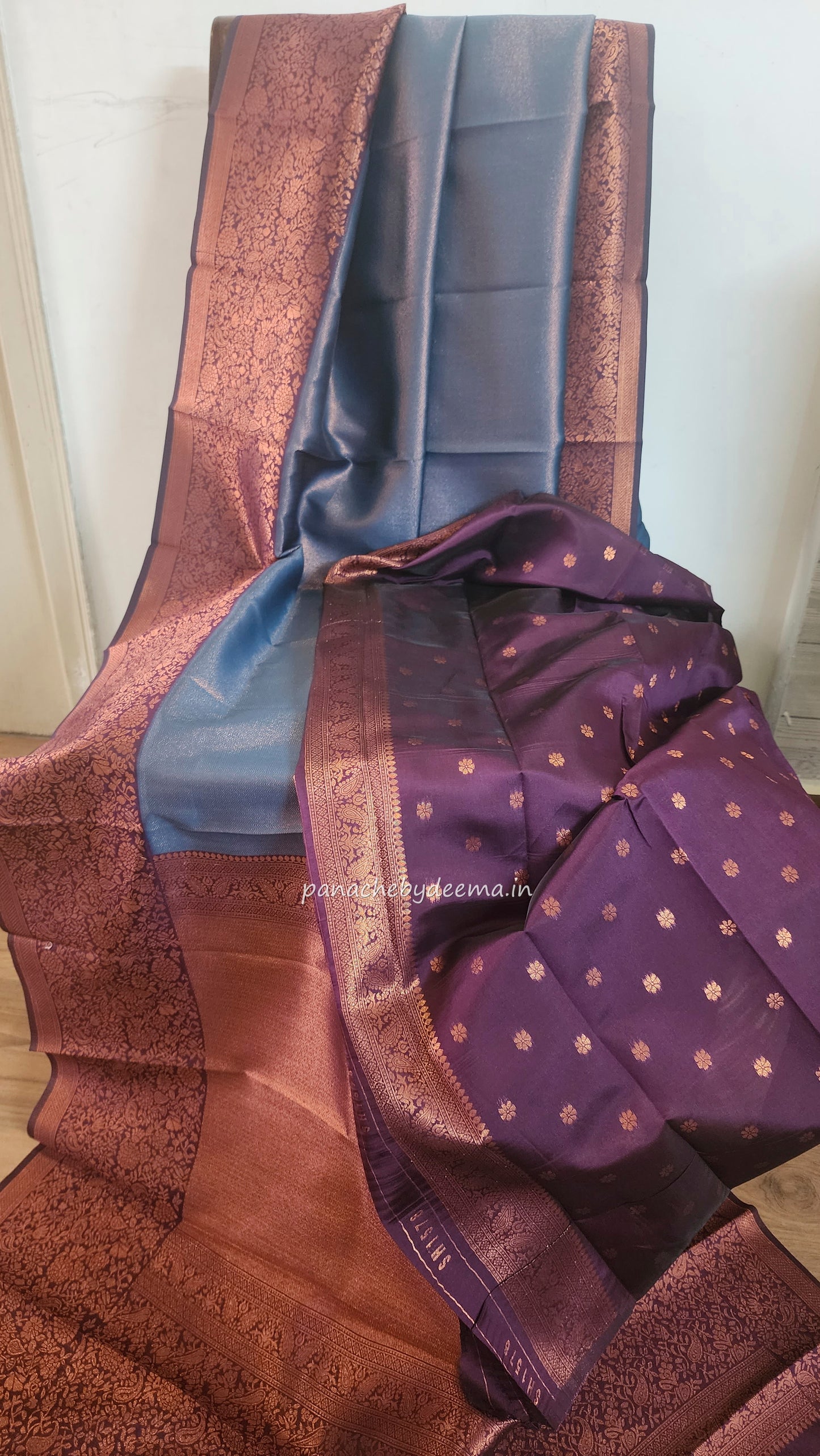 Copper zari woven semi kancheevaram saree with contrast border and blouse | Peacock blue with purple border | SS124