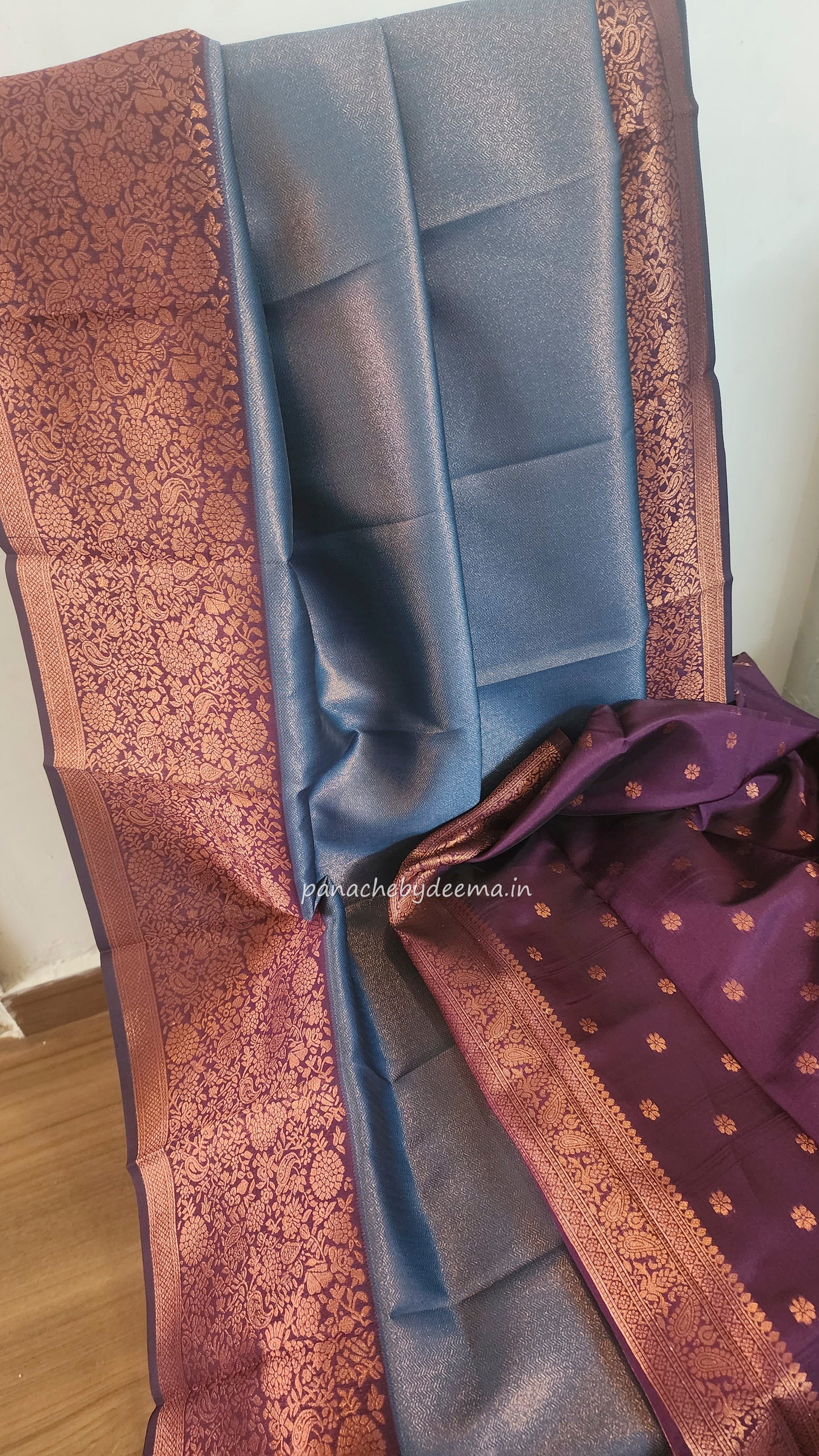 Copper zari woven semi kancheevaram saree with contrast border and blouse | Peacock blue with purple border | SS124