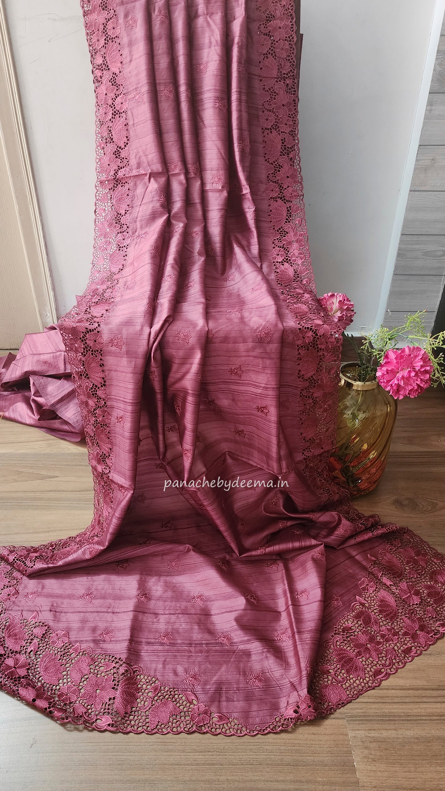 Beautiful semi tussar saree cut work border and embroidery| Onion pink | STC5